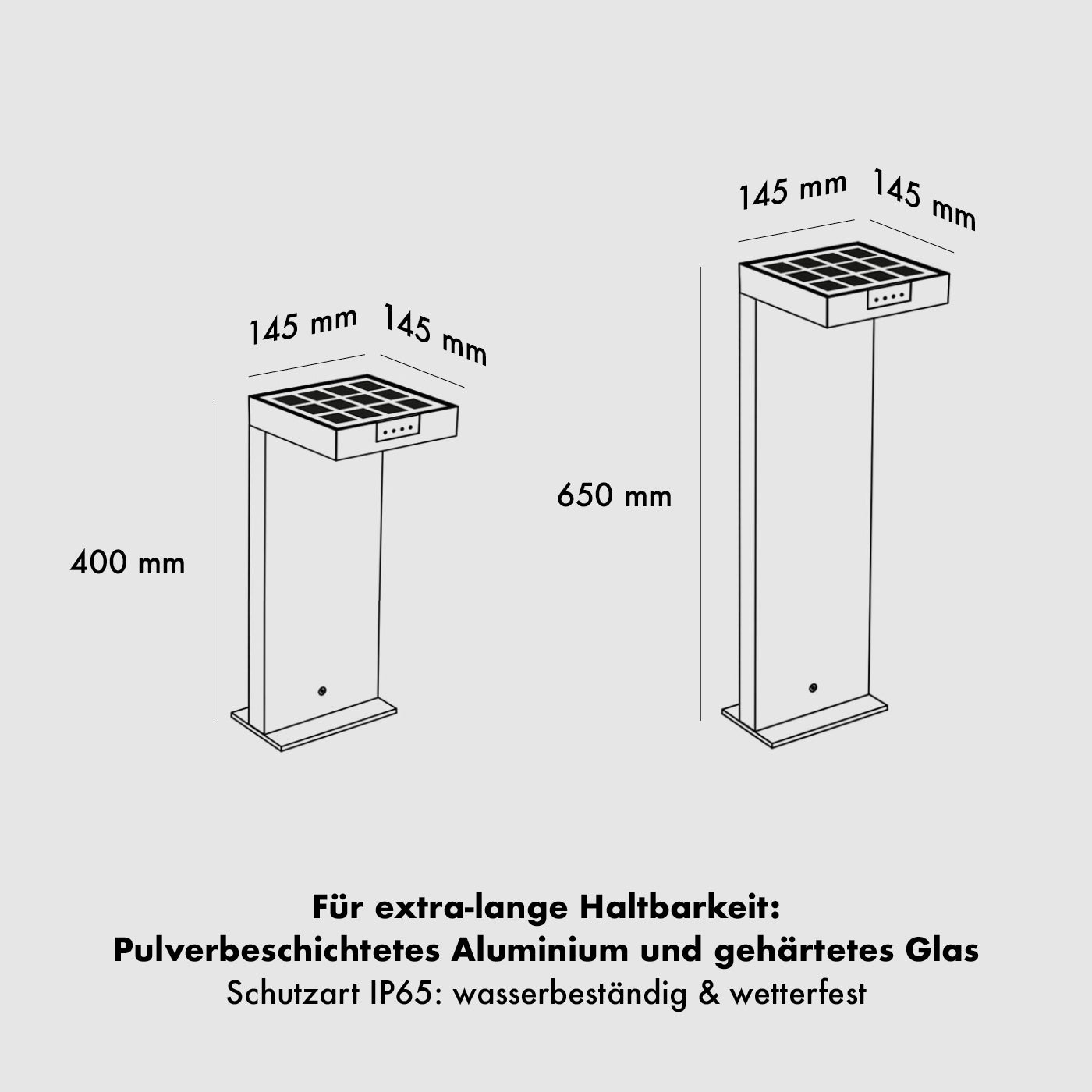 Die Spezifikationen der Klewe Ala Ground Akku-Solar-Wegeleuchte für den Garten in 40 cm und 65 cm Höhe