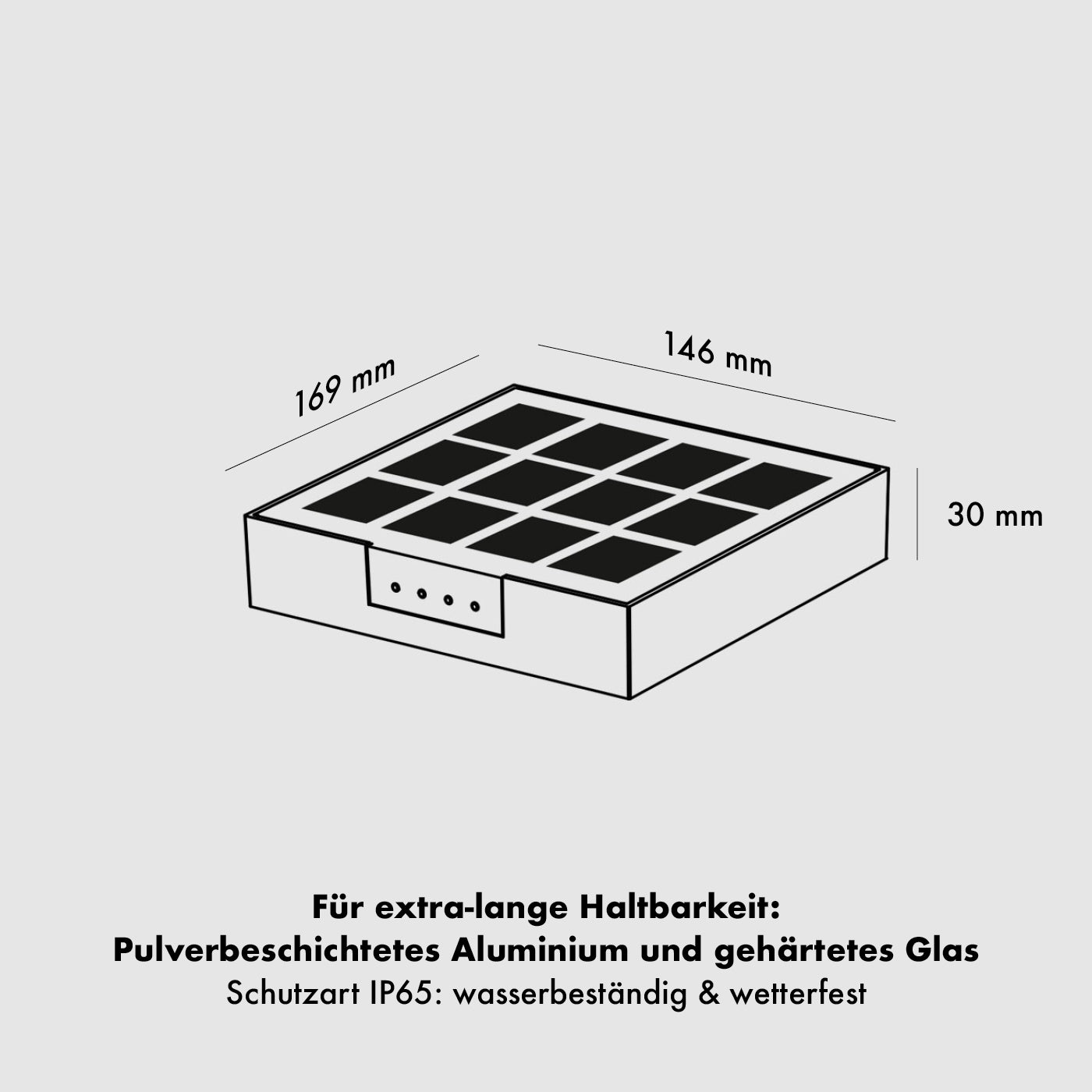 Die Abmessungen der Klewe Ala Wall Akku-Solar-Wandleuchte für Balkon oder Terrasse