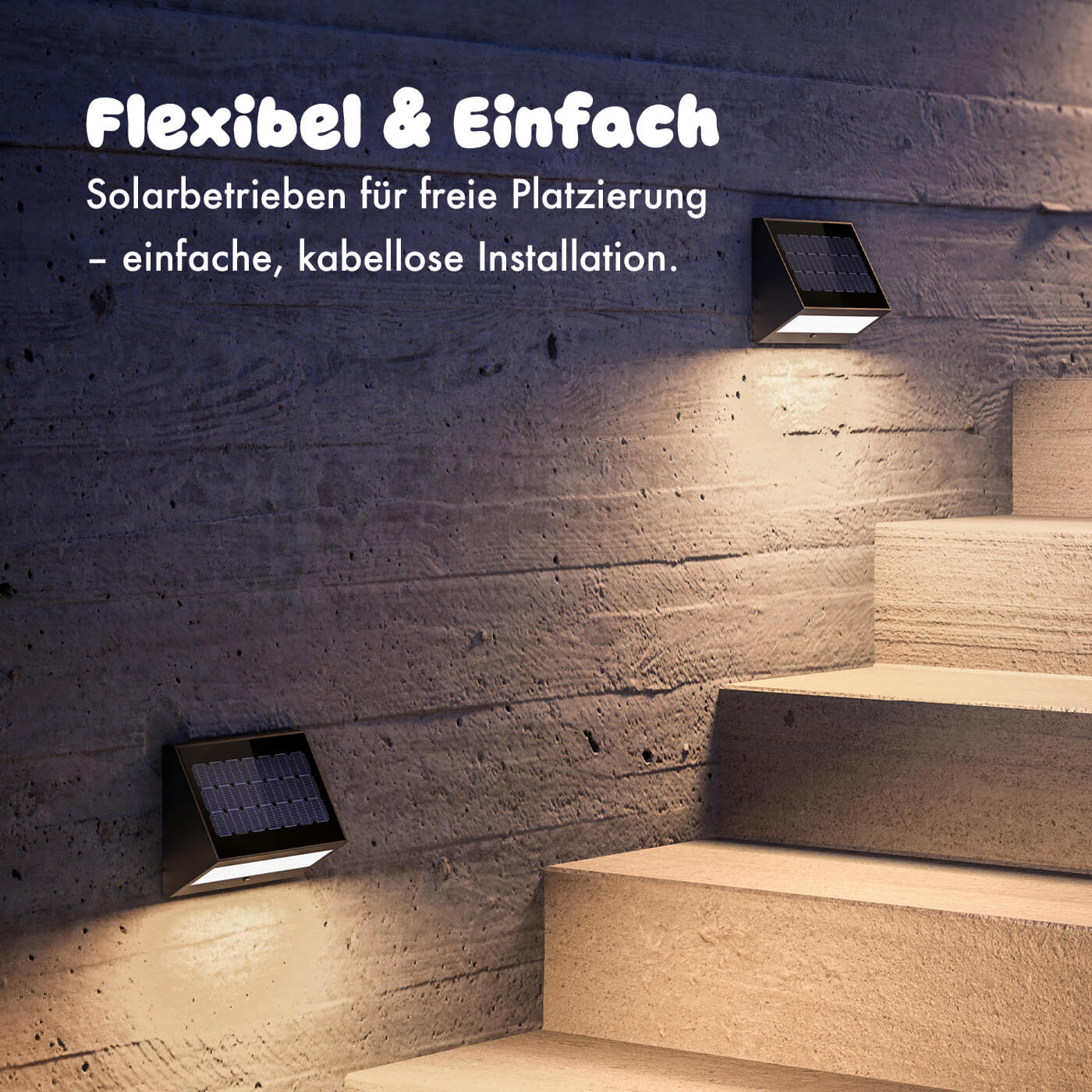 Flexible und einfache Monatage der Klewe Ecostep Akku-Solar-Wandleuchte