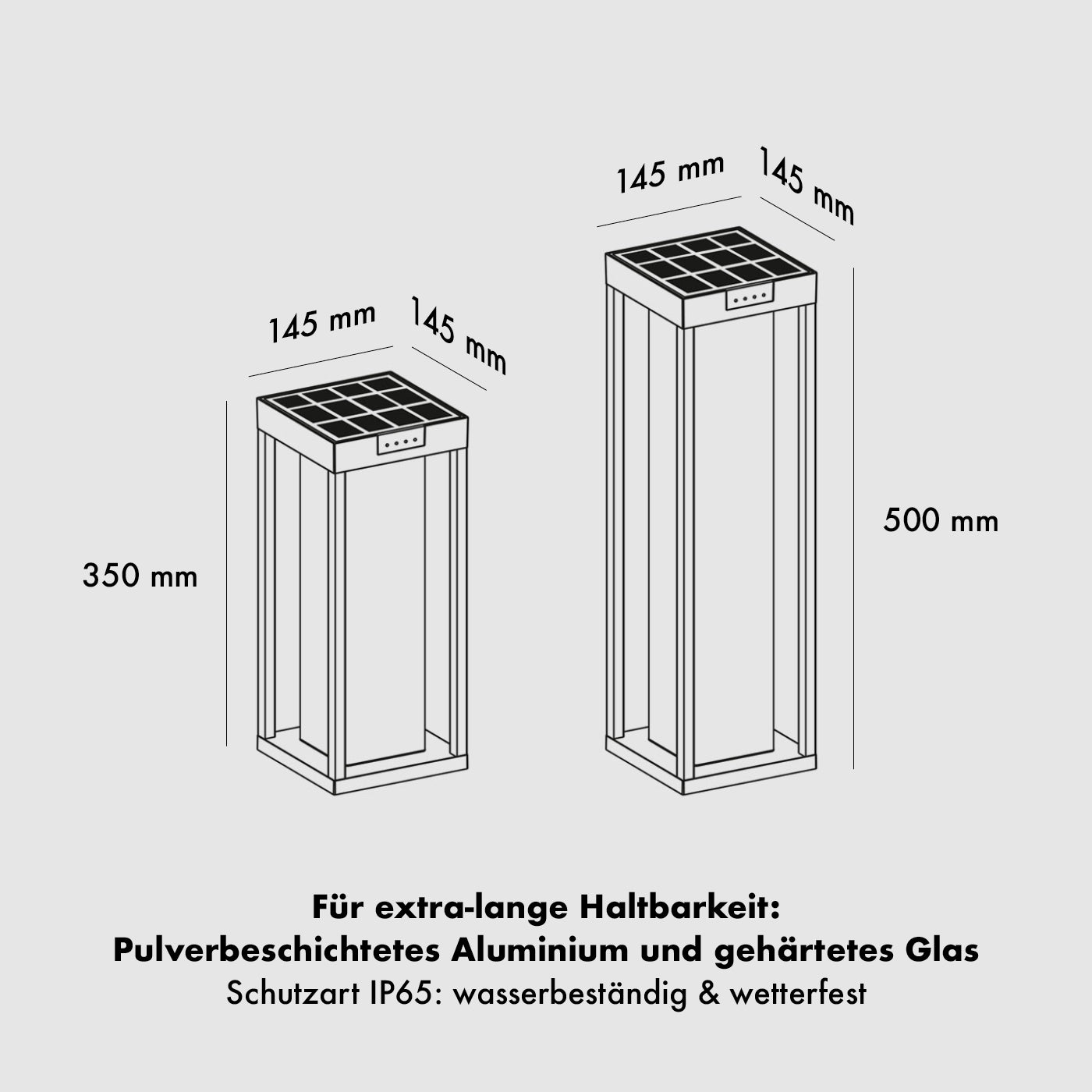 Die Spezifikationen der Klewe Radia Moon Akku-Solarleuchte in 35 und 50 cm Höhe