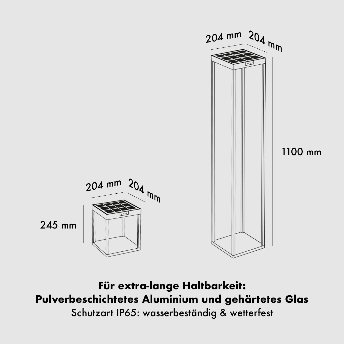 Dei Abmessungen der Klewe Radia Ground und Mega Akku-Solarleuchte für den Garten (204 x 204 mm)