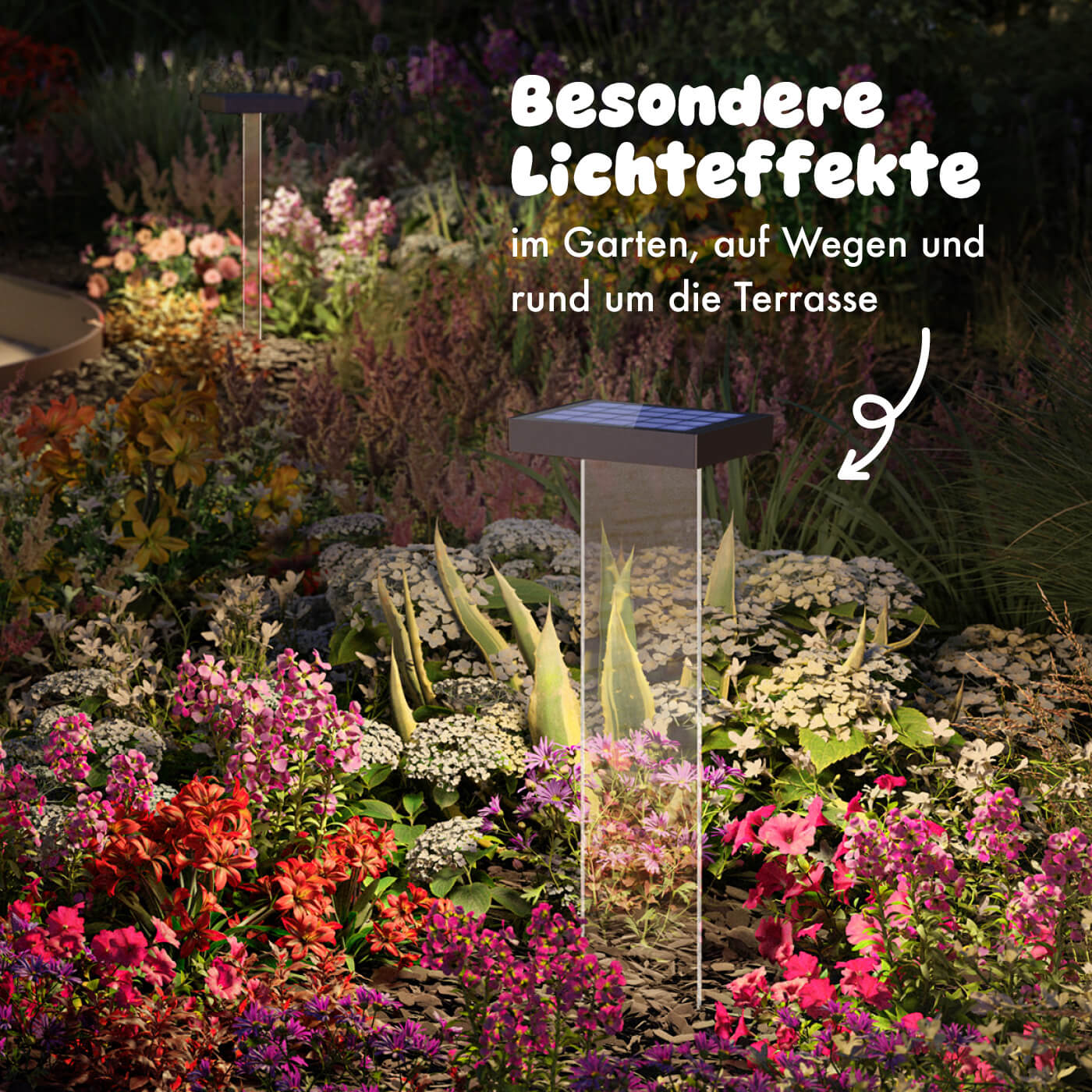 Besondere Lichteffekte im Garten, auf Wegen und rund um die Terrasse mit der Klewe Scotty Akku-Solarleuchte