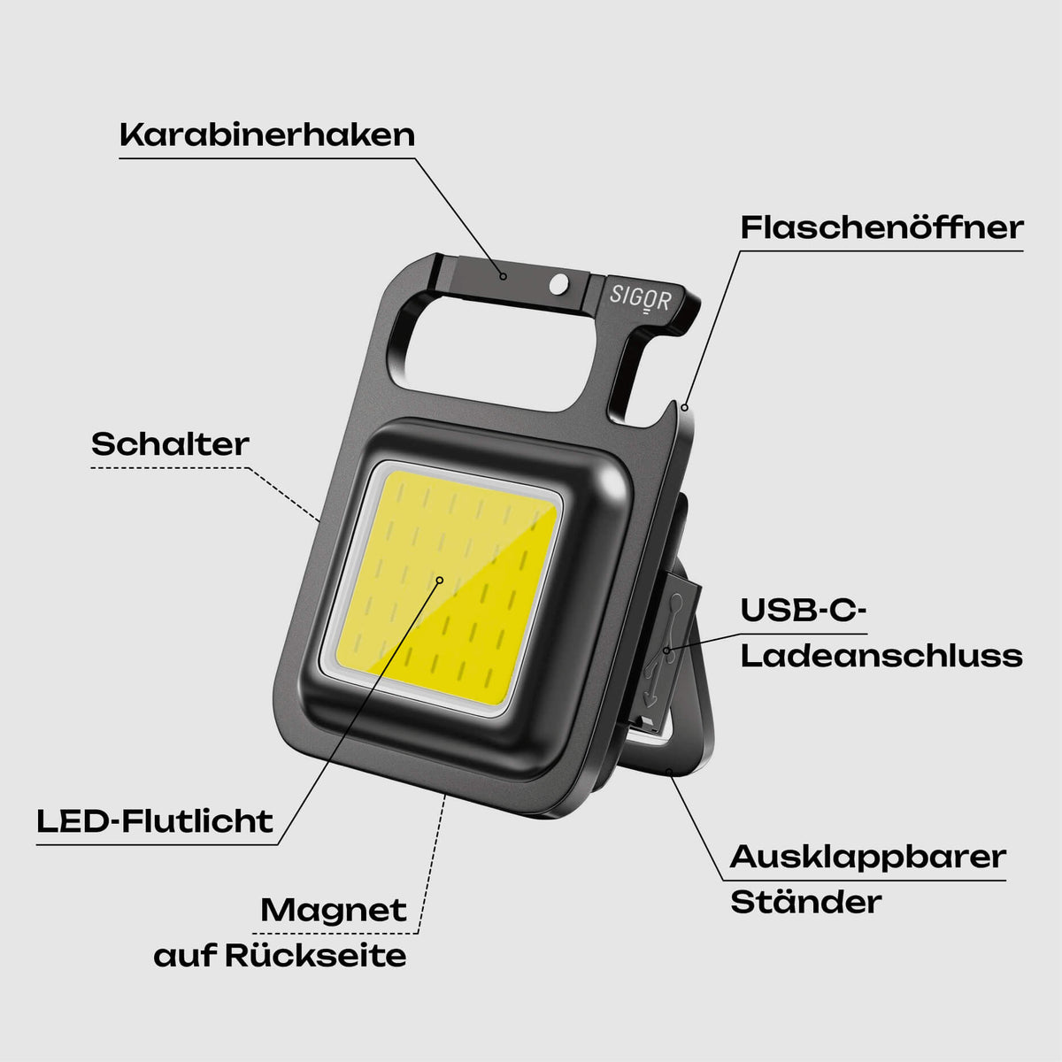 Sigor Multifunktions-LED-Flutlicht mit Karabinerhaken, Flaschenöffner, USB-C-Ladeanschluss, ausklappbarem Ständer und Magnet auf der Rückseite