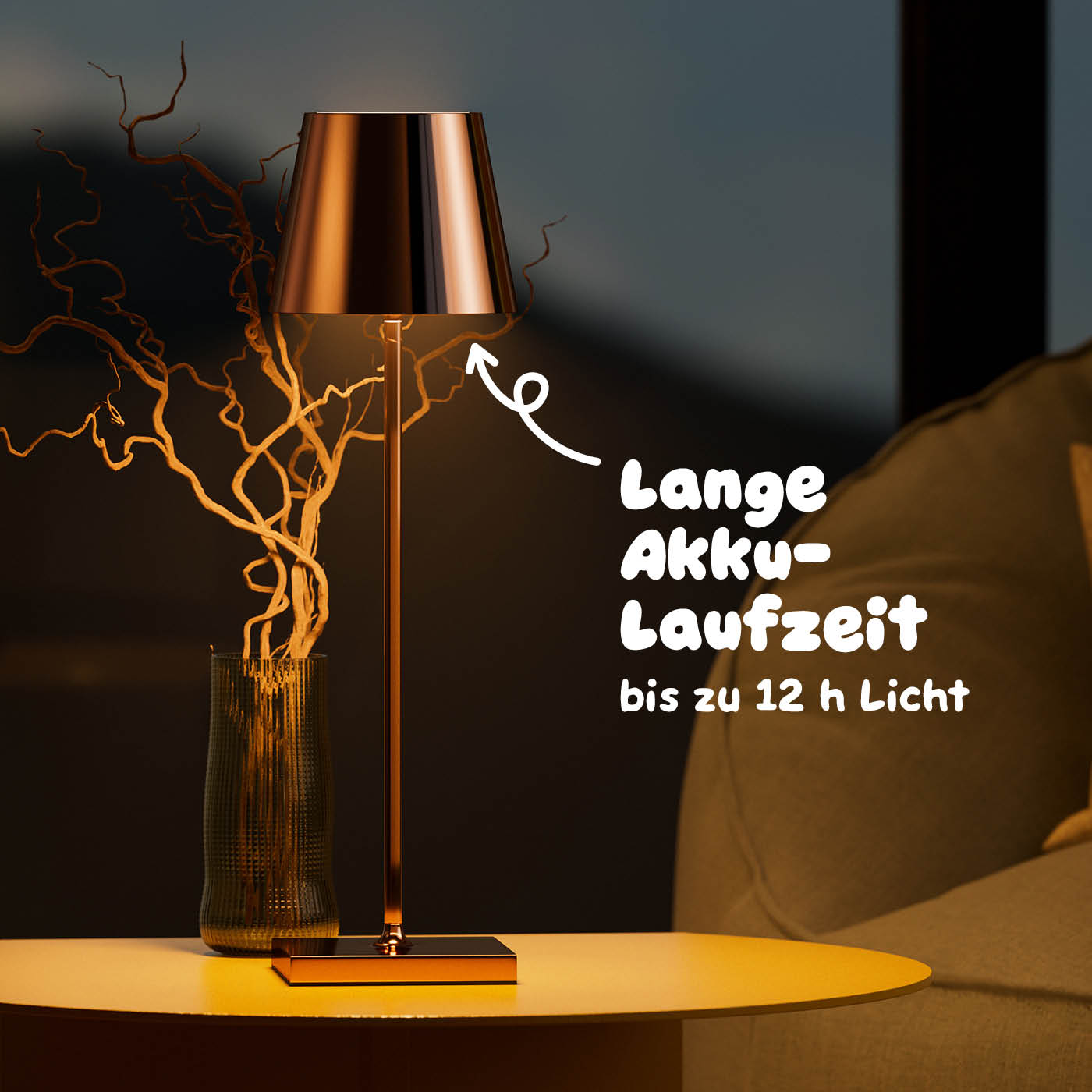 Sigor Nuindie Akku-Tischleuchte, kupferfarben hochglänzend bis zu 12 Stunden kabellos Licht #Farbe_Kupfer Hochglanz