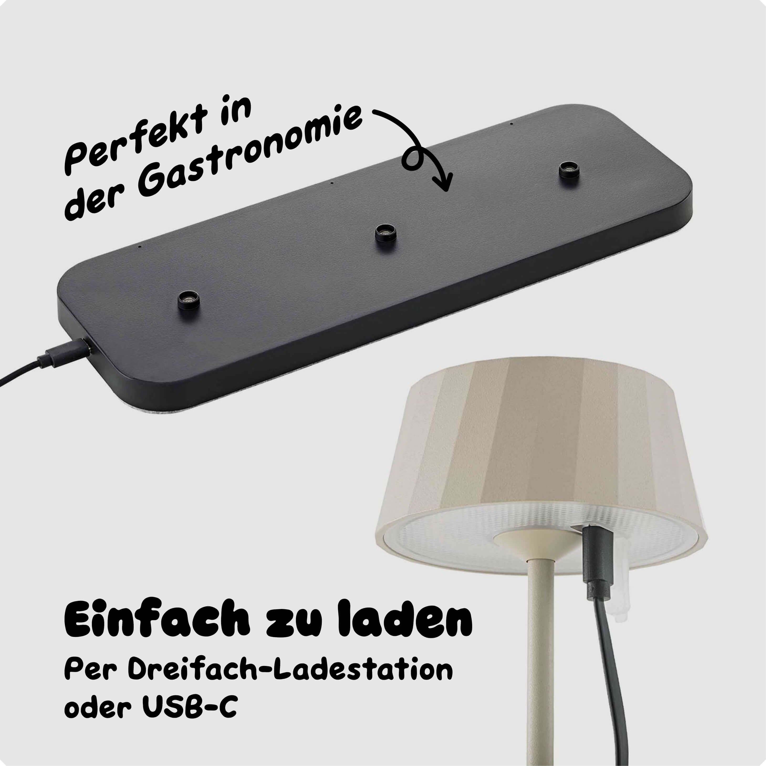 Sigor Facetta 3er-Set Akku-Tischleuchten werden gleichzeitig über die Dreifach-Ladestation geladen - ideal für Gastronomie Restaurant und Hotel #Farbe_Dünenbeige