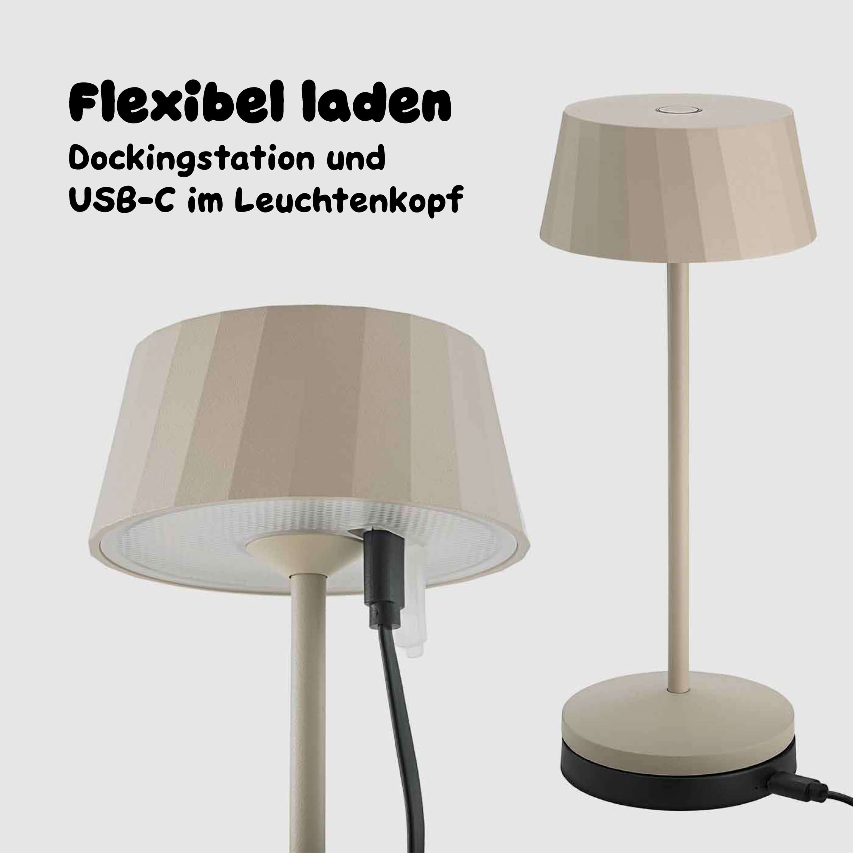 Die dünenbeige Sigor Facetta kann per Dockingstation oder USB-C geladen werden #Farbe_Dünenbeige