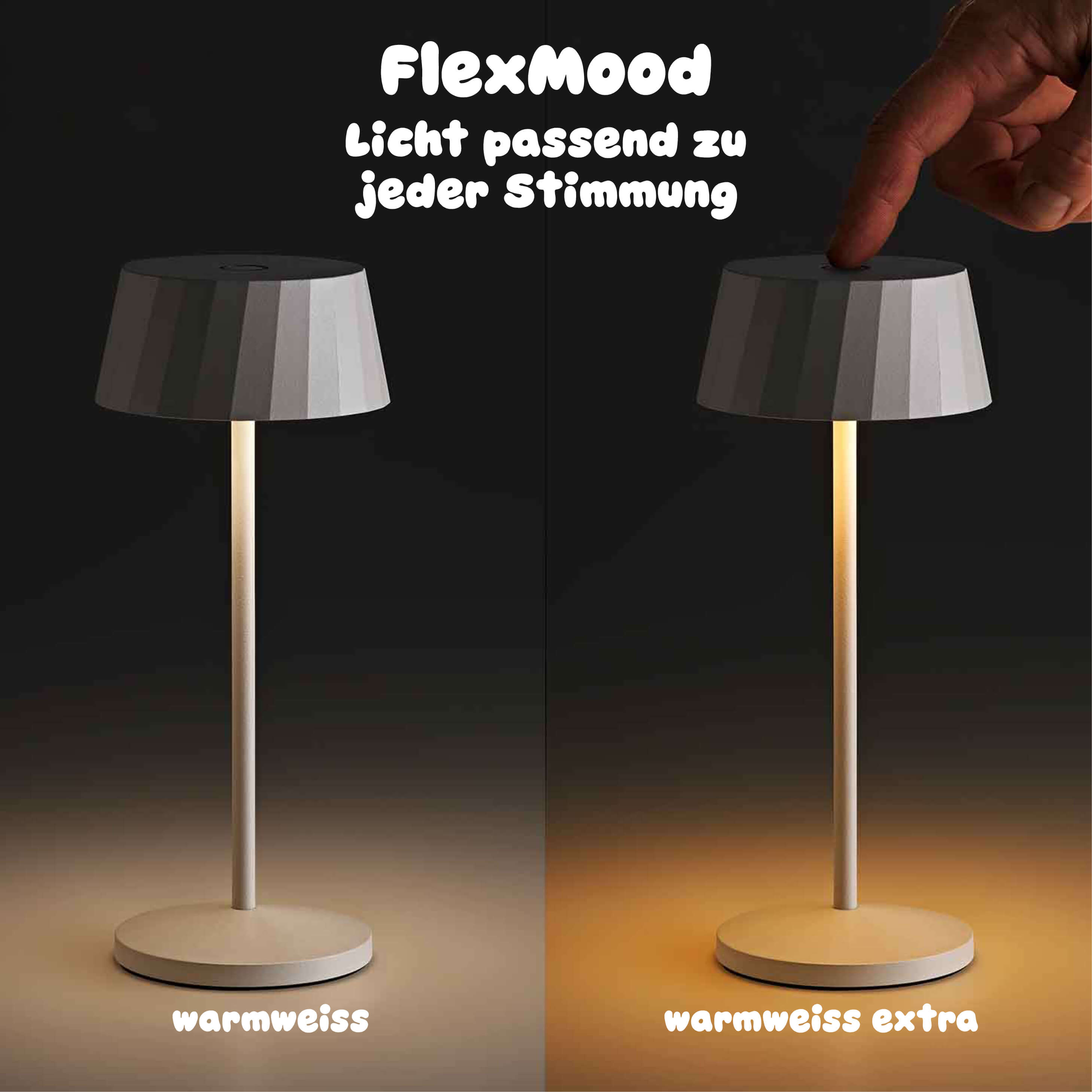 Die Sigor Facetta bietet mit FlexMood zwei Lichtstimmungen. Zur Wahl stehen 2700 K warmweiss fuer klares Licht und 2200 K fuer besonders gemuetliches Licht, gesteuert per Touch.