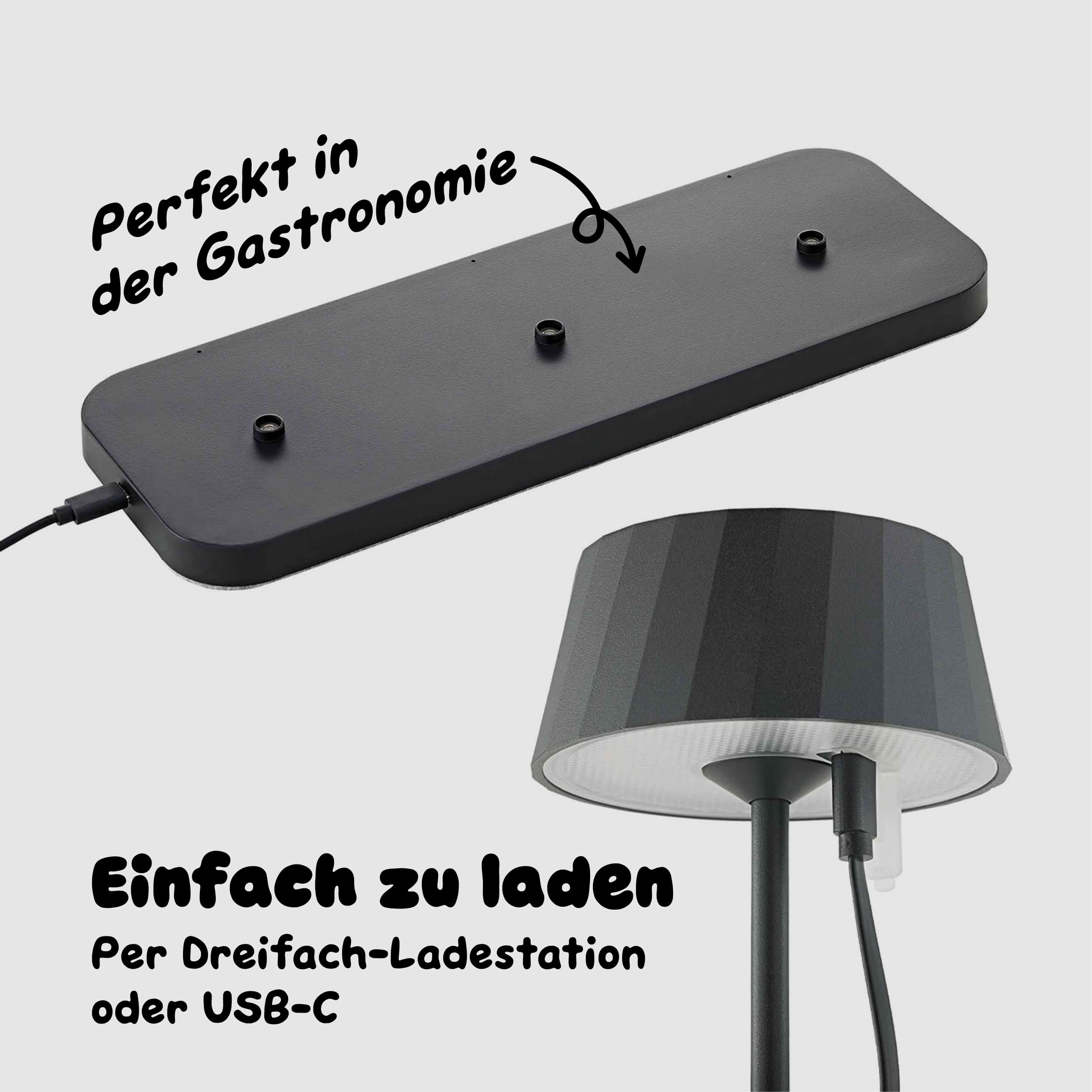 Sigor Facetta 3er-Set Akku-Tischleuchten werden gleichzeitig über die Dreifach-Ladestation geladen - ideal für Gastronomie Restaurant und Hotel #Farbe_Nachtschwarz