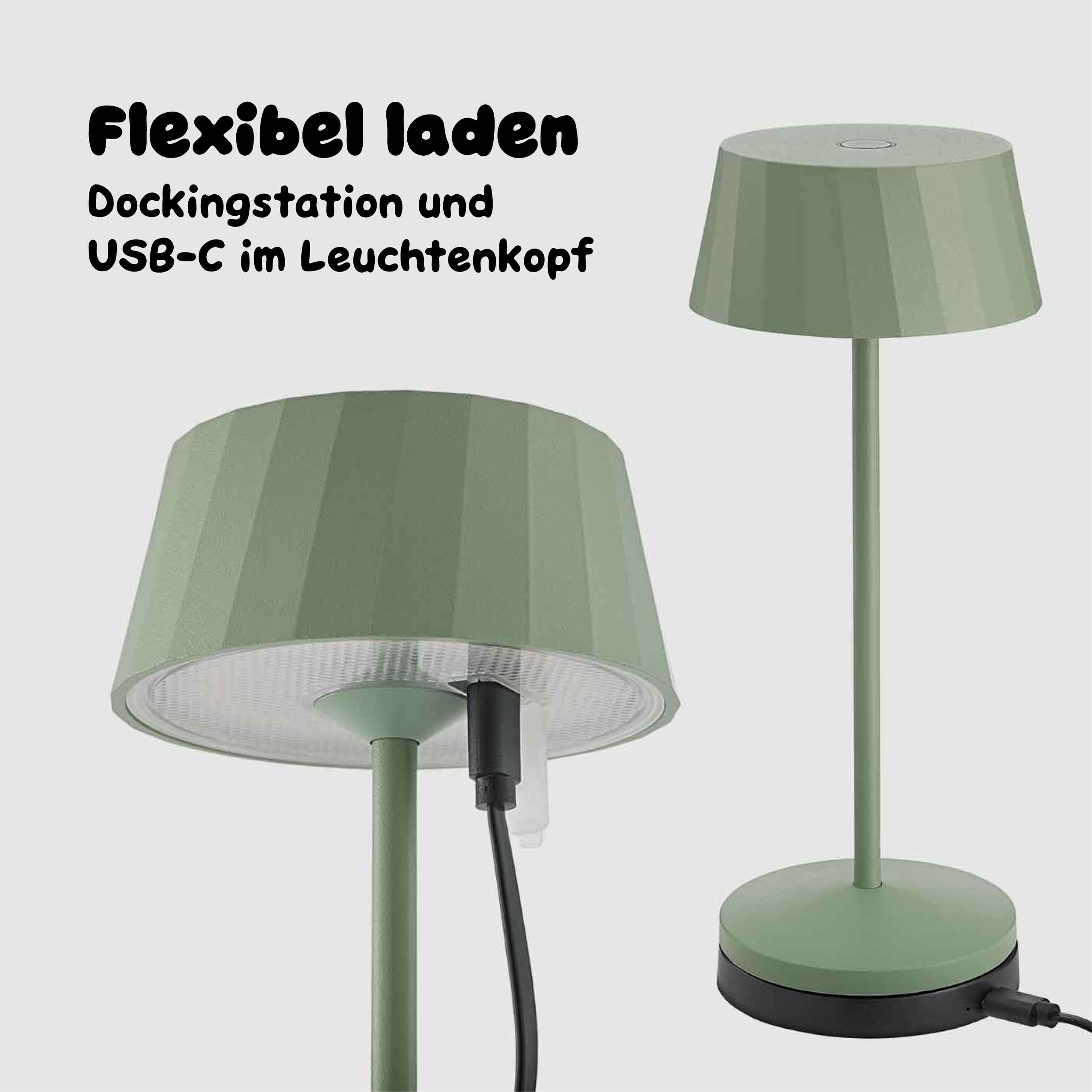 Die salbeigrüne Sigor Facetta kann per Dockingstation oder USB-C geladen werden #Farbe_Salbeigrün