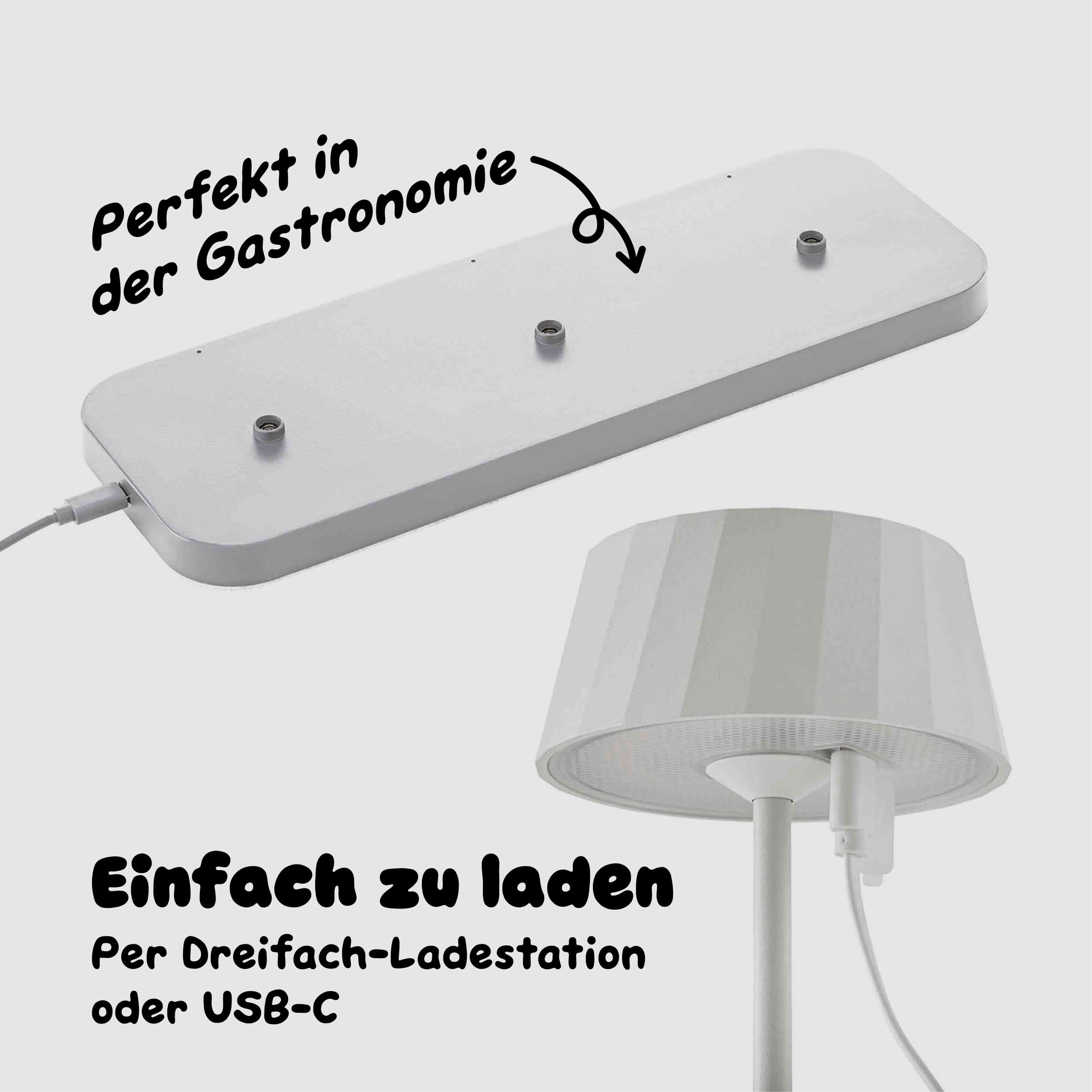 Sigor Facetta 3er-Set Akku-Tischleuchten werden gleichzeitig über die Dreifach-Ladestation geladen - ideal für Gastronomie Restaurant und Hotel #Farbe_Schneeweiss