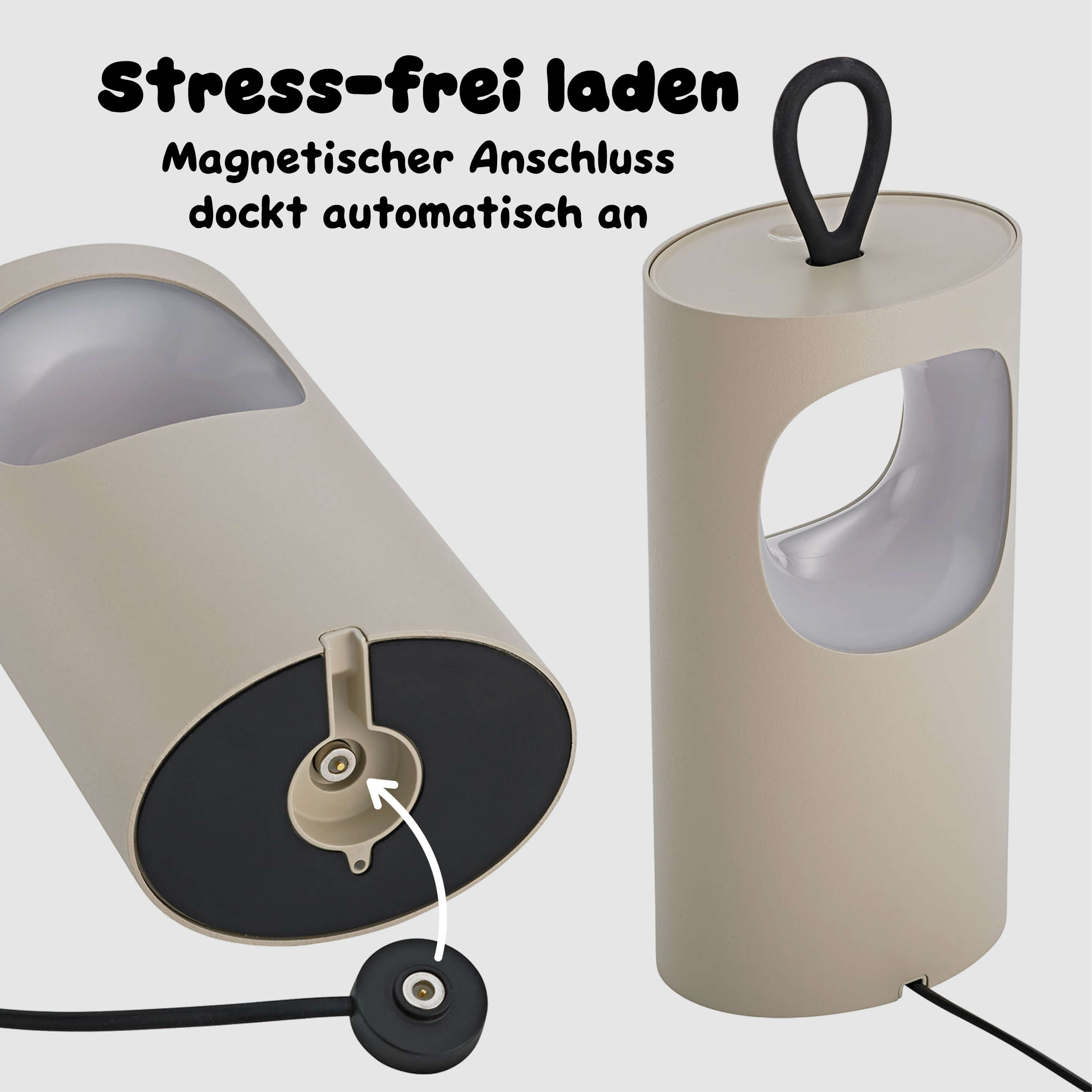 Die Sigor Lunari Akku-LED-Tischleuchte wird stress-frei geladen durch magnetischen Ladepuk der automatisch an der Unterseite andockt ohne Kabel-Gefummel #Farbe_Dünenbeige