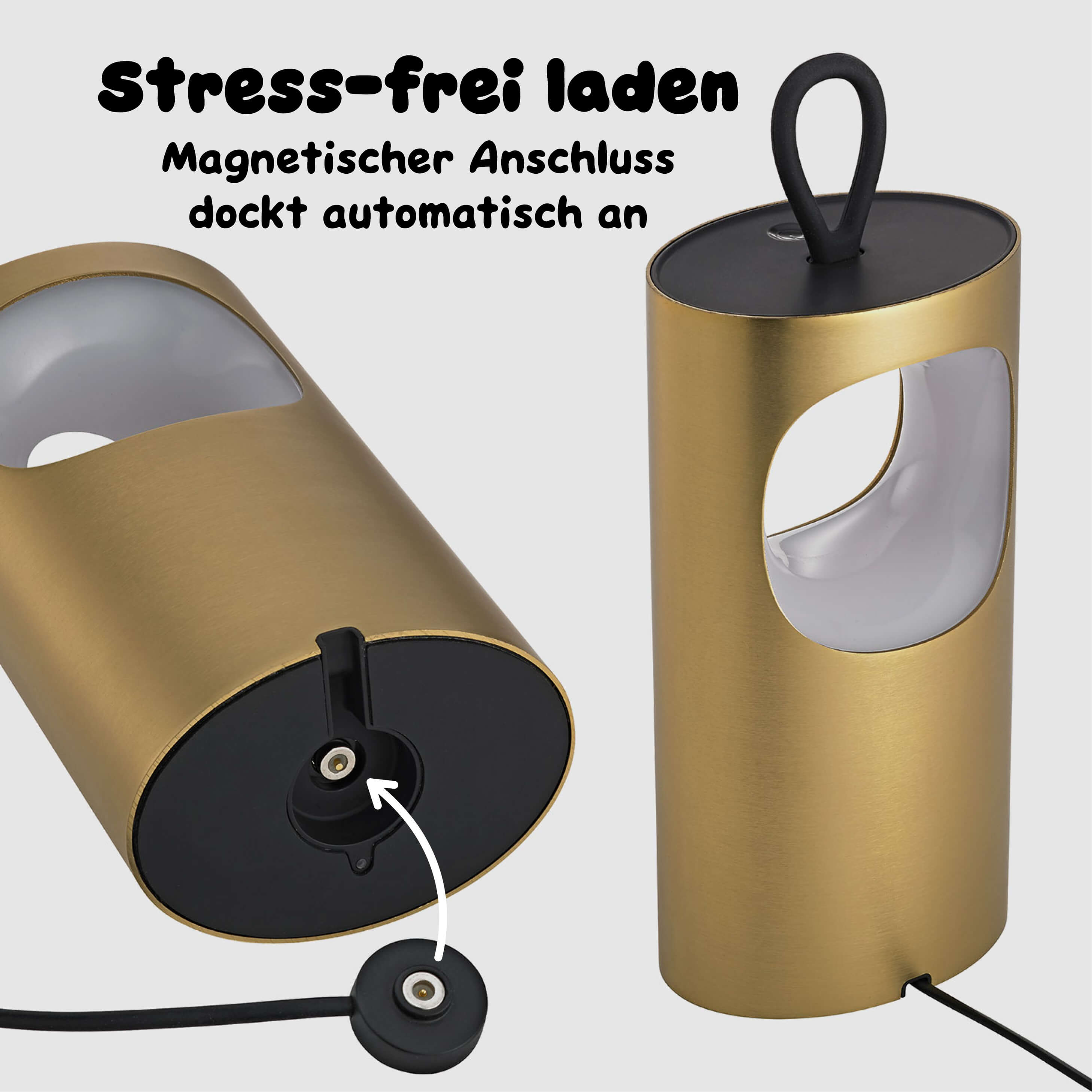 Die Sigor Lunari Akku-LED-Tischleuchte wird stress-frei geladen durch magnetischen Ladepuk der automatisch an der Unterseite andockt ohne Kabel-Gefummel #Farbe_Gold