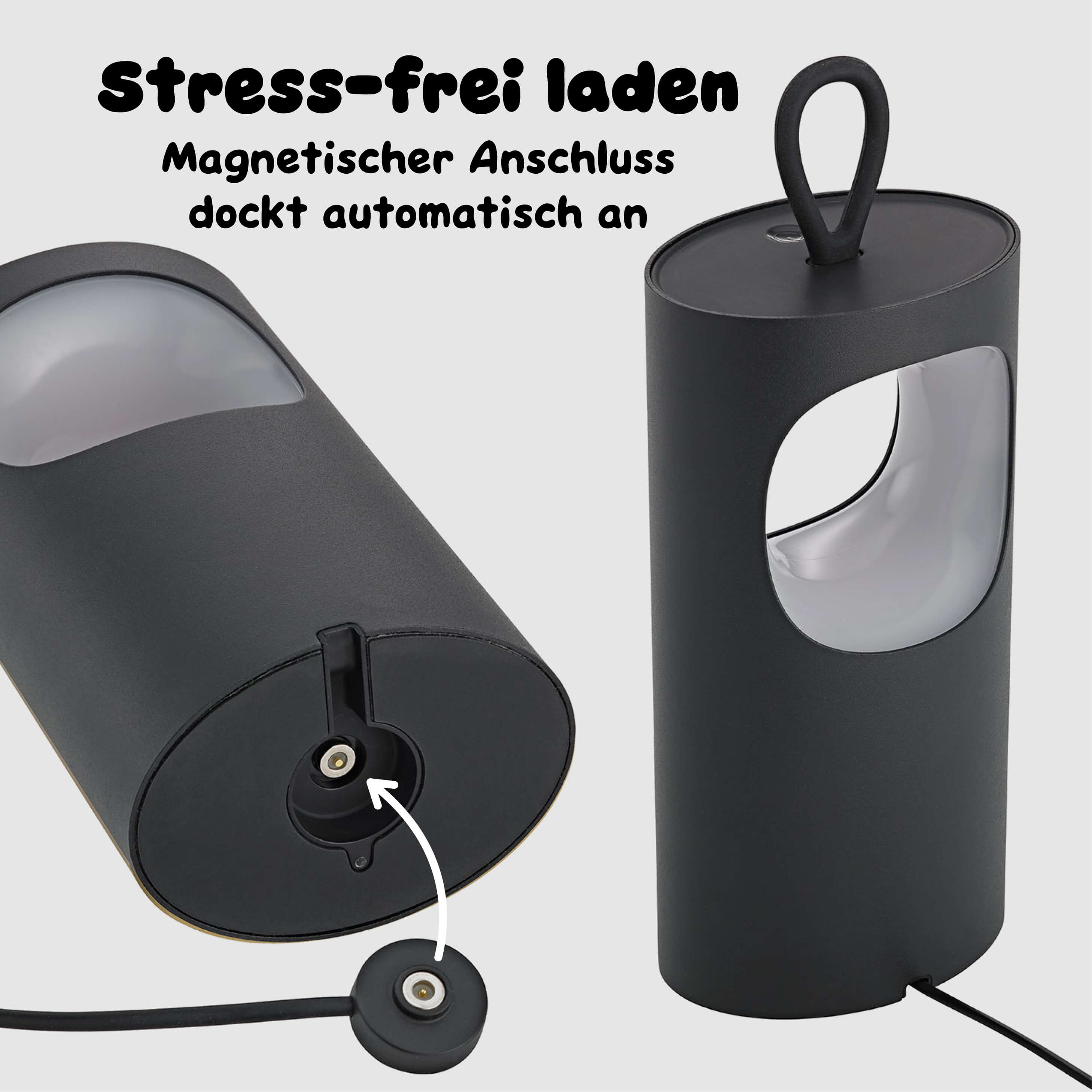 Die Sigor Lunari Akku-LED-Tischleuchte wird stress-frei geladen durch magnetischen Ladepuk der automatisch an der Unterseite andockt ohne Kabel-Gefummel #Farbe_Nachtschwarz