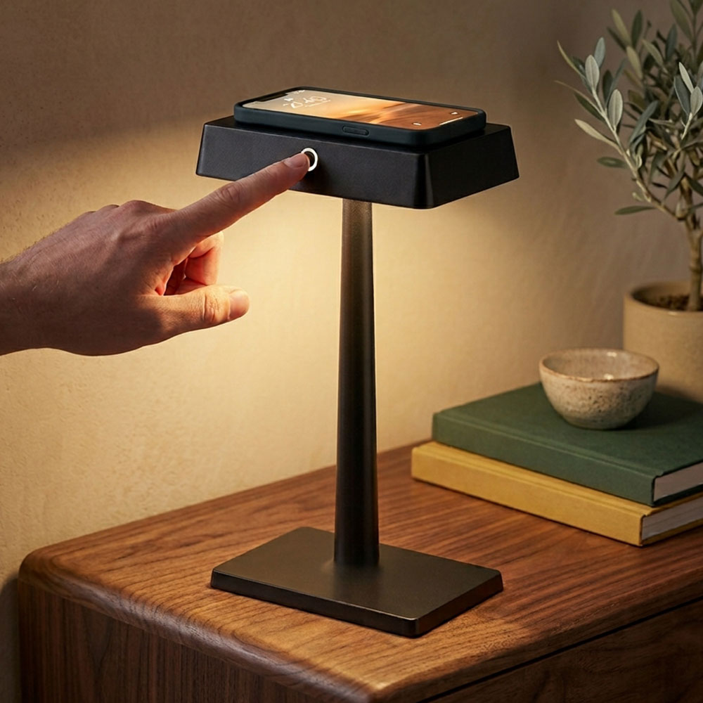 Ein Finger tippt auf den Touch-Schalter der schwarzen Sigor Nucharge Akku-Tischleuchte, auf der ein Smartphone liegt