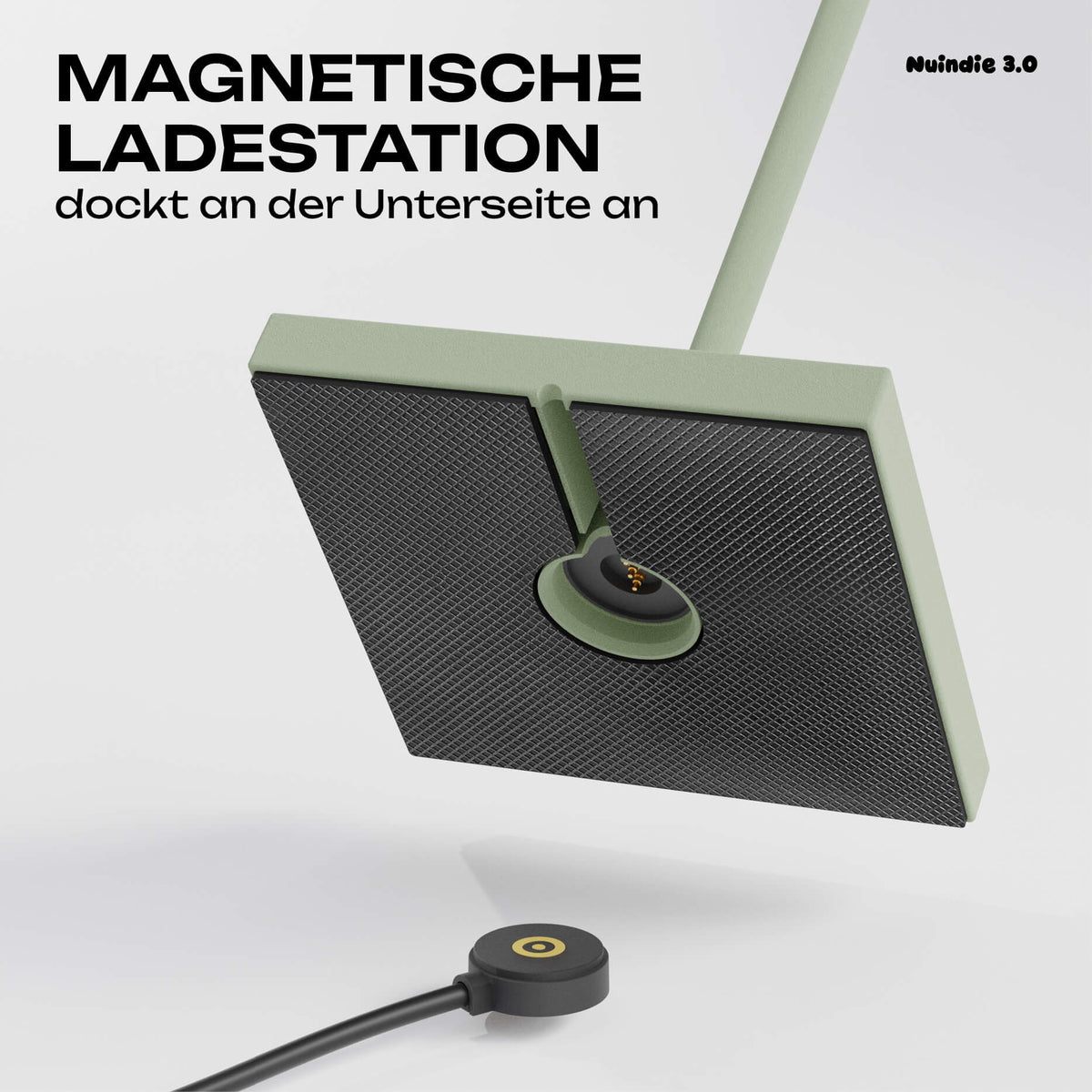 Einfach zu laden: Sigor Nuindie 3.0 Akku-Tischleuchte mit dem magnetischen Ladestecker in #Farbe_Salbeigrün