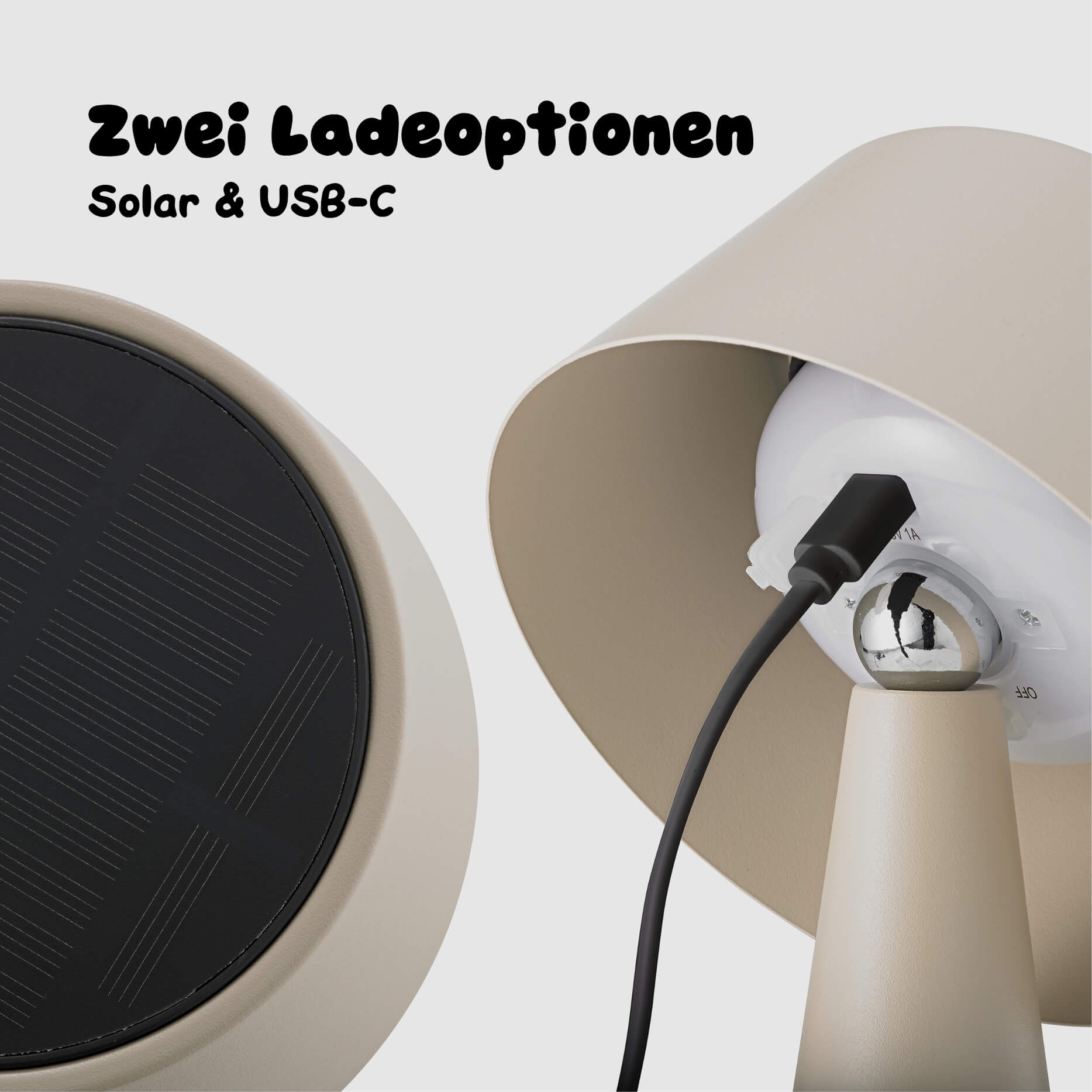 Zwei Ladeoptionen der Sigor Solino Akku LED Solarleuchte in der #Farbe_Dünenbeige