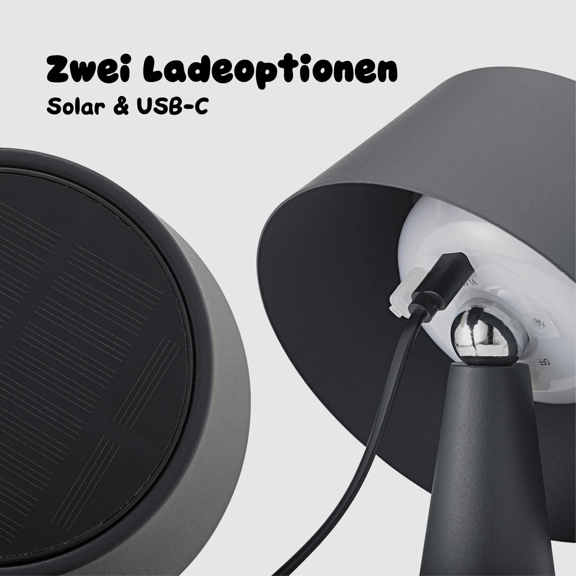 Zwei Ladeoptionen der Sigor Solino Akku LED Solarleuchte in der #Farbe_Graphitgrau