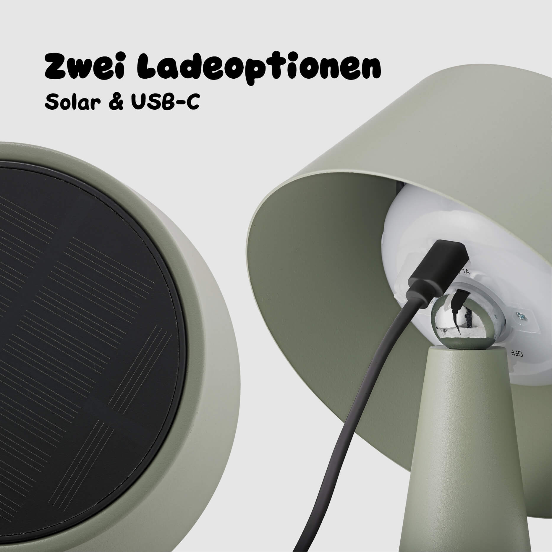 Zwei Ladeoptionen der Sigor Solino Akku LED Solarleuchte in der #Farbe_Salbeigrün
