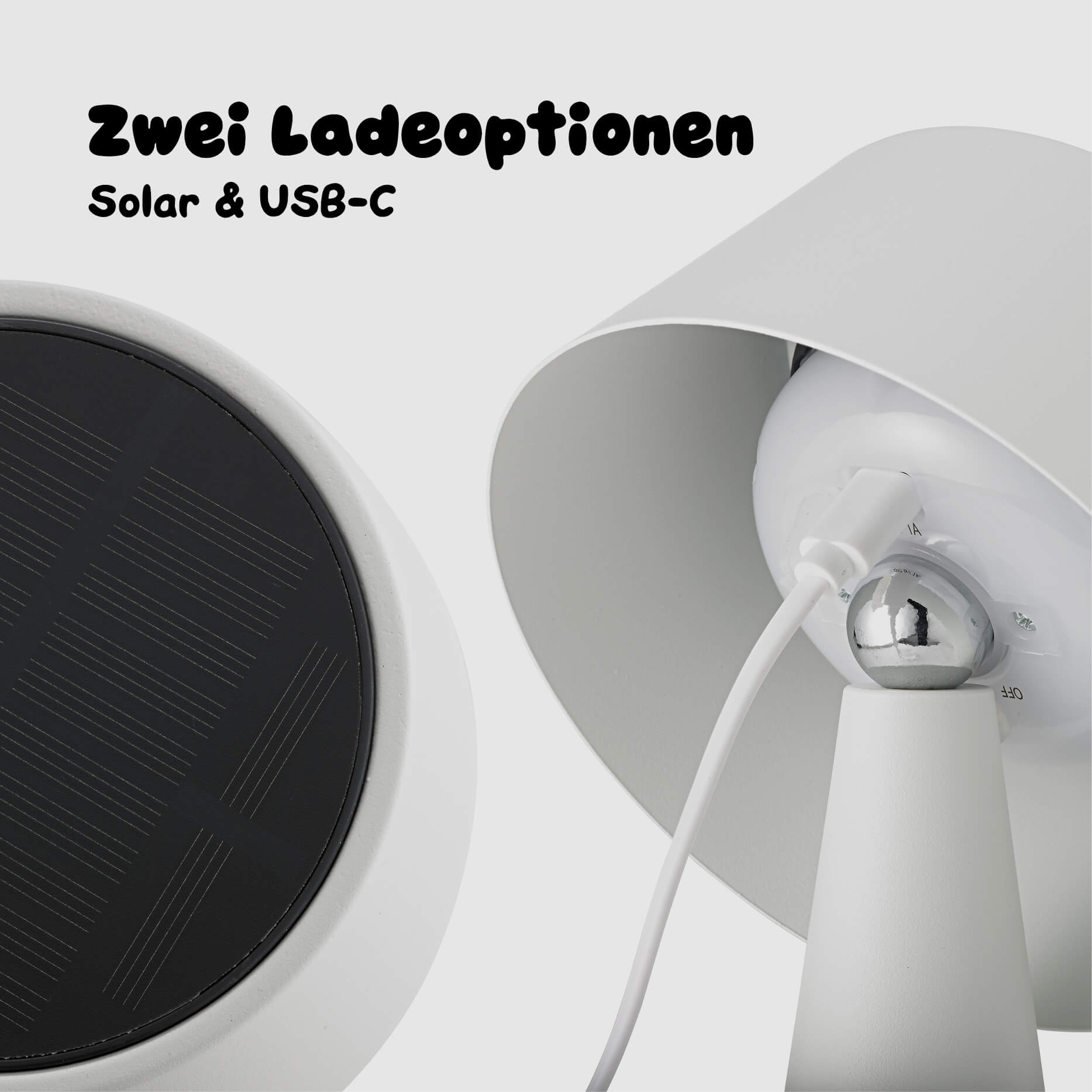 Zwei Ladeoptionen der Sigor Solino Akku LED Solarleuchte in der #Farbe_Schneeweiss