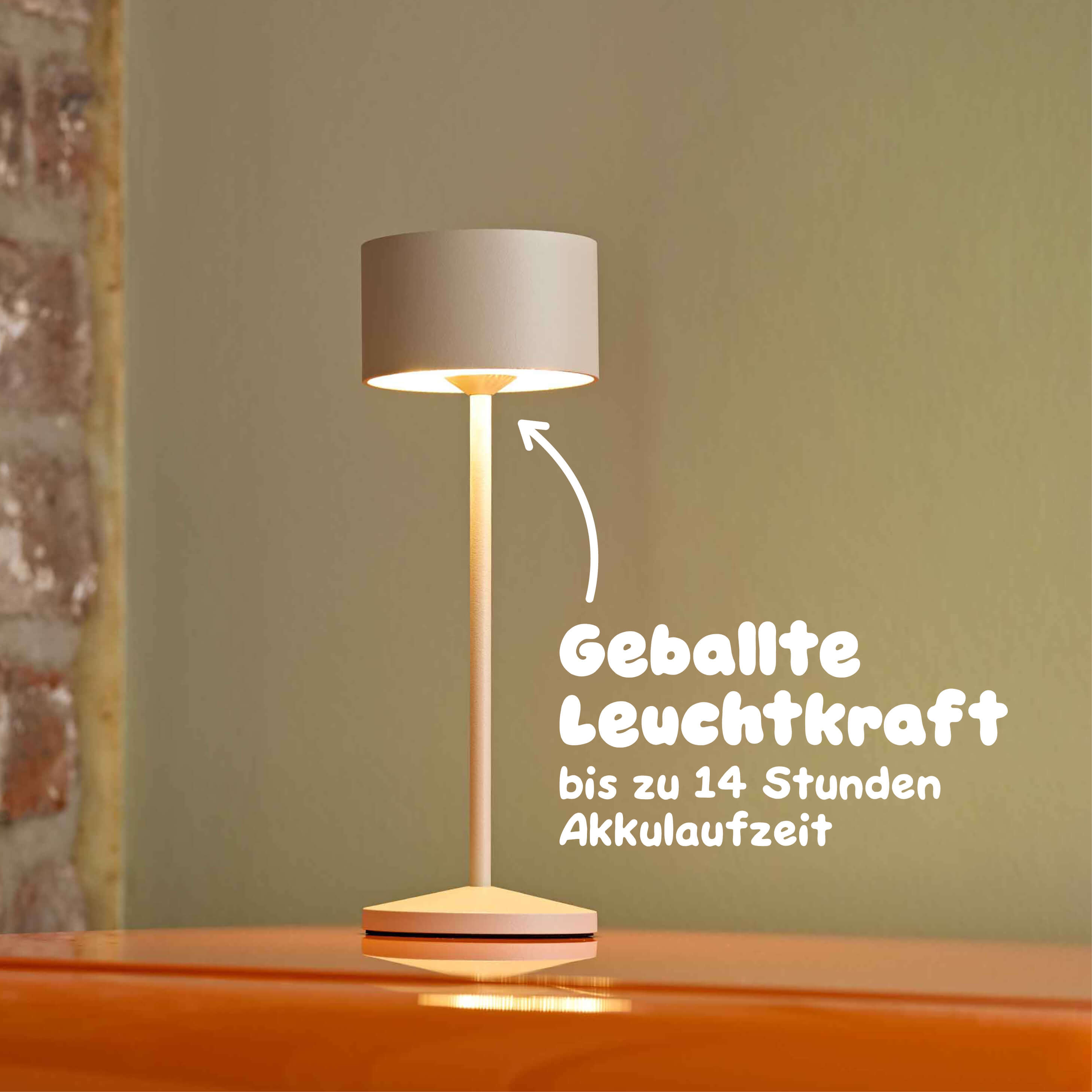 Sigor Veluna Akku-Tischleuchte mit bis zu 14 Stunden Laufzeit - kabellose LED-Leuchte dimmbar für Wohnzimmer, Garten, Terrasse oder Balkon #Farbe_Dünenbeige