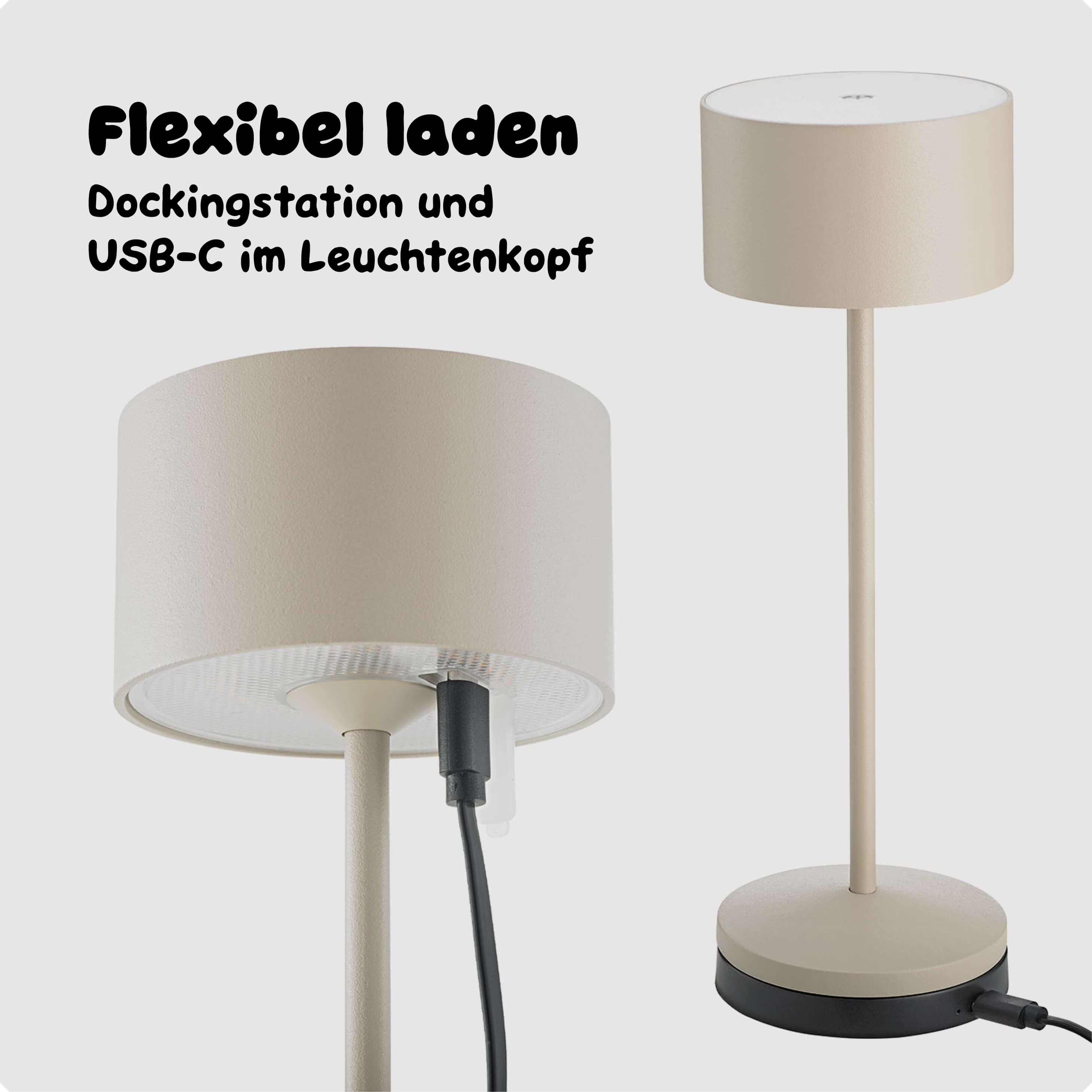 Die dünenbeige Sigor Veluna kann per Dockingstation oder USB-C geladen werden #Farbe_Dünenbeige