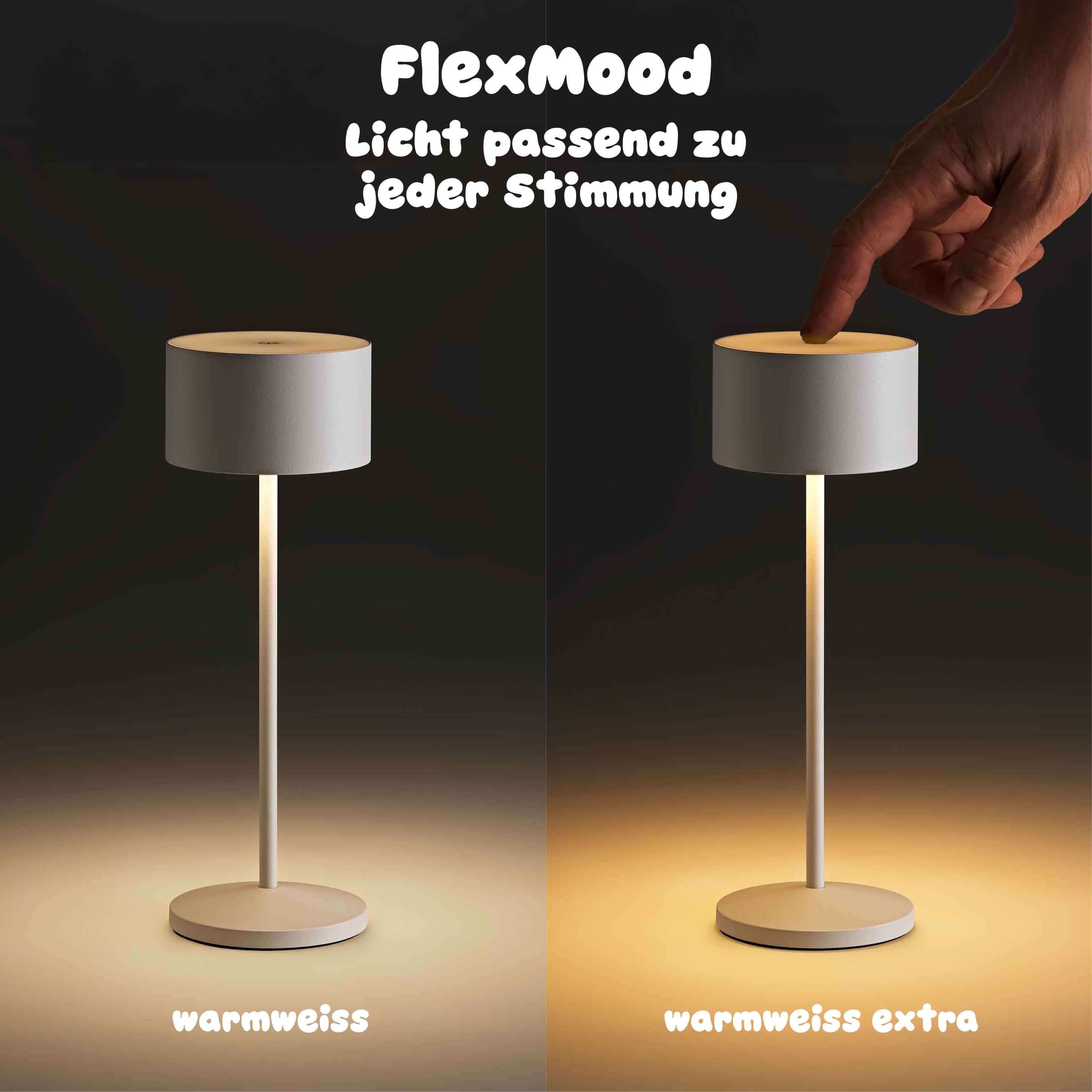 Die Sigor Veluna bietet mit FlexMood zwei Lichtstimmungen. Zur Wahl stehen 2700 K für warmweisses Licht und 2200 K für besonders gemütliches Licht, gesteuert per Touch.