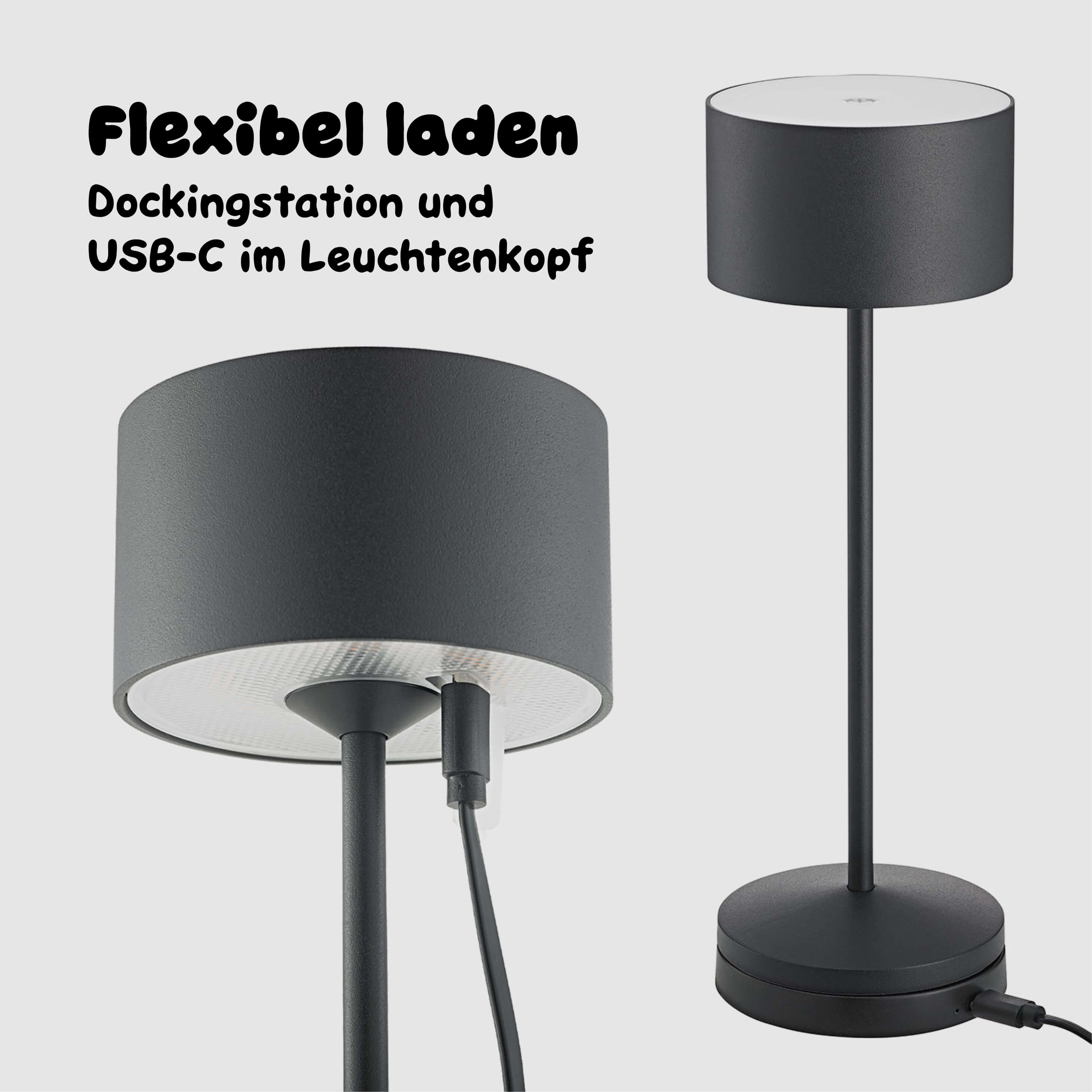 Die nachtschwarze Sigor Veluna kann per Dockingstation oder USB-C geladen werden #Farbe_Nachtschwarz