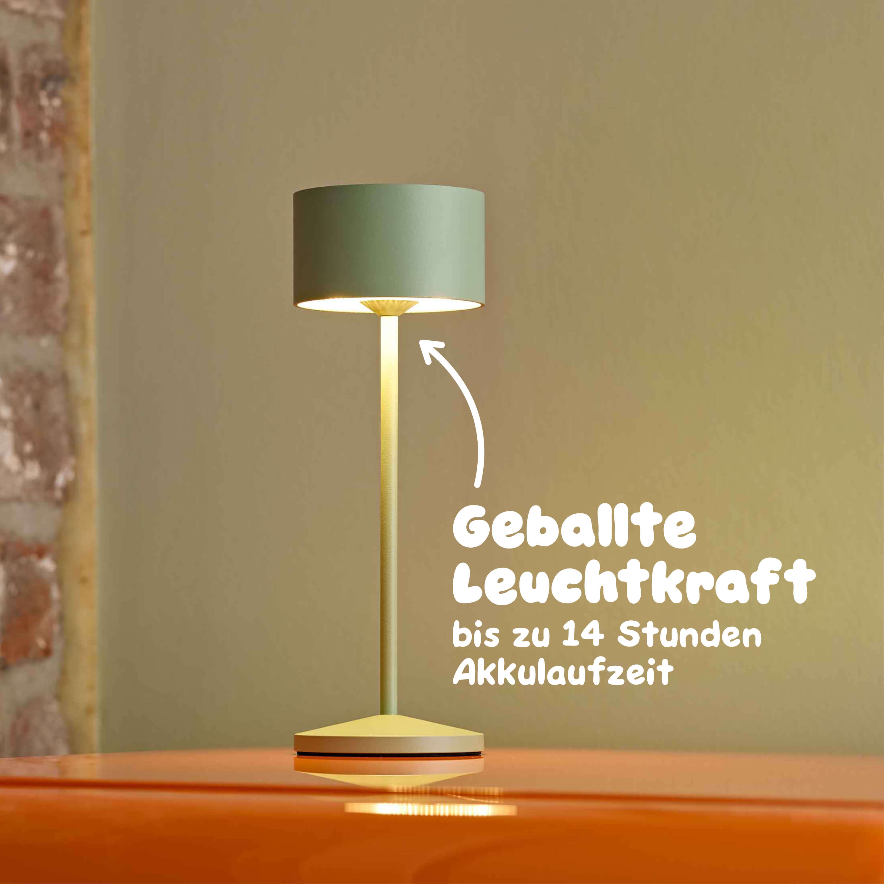 Sigor Veluna Akku-Tischleuchte mit bis zu 14 Stunden Laufzeit - kabellose LED-Leuchte dimmbar für Wohnzimmer, Garten, Terrasse oder Balkon #Farbe_Salbeigrün