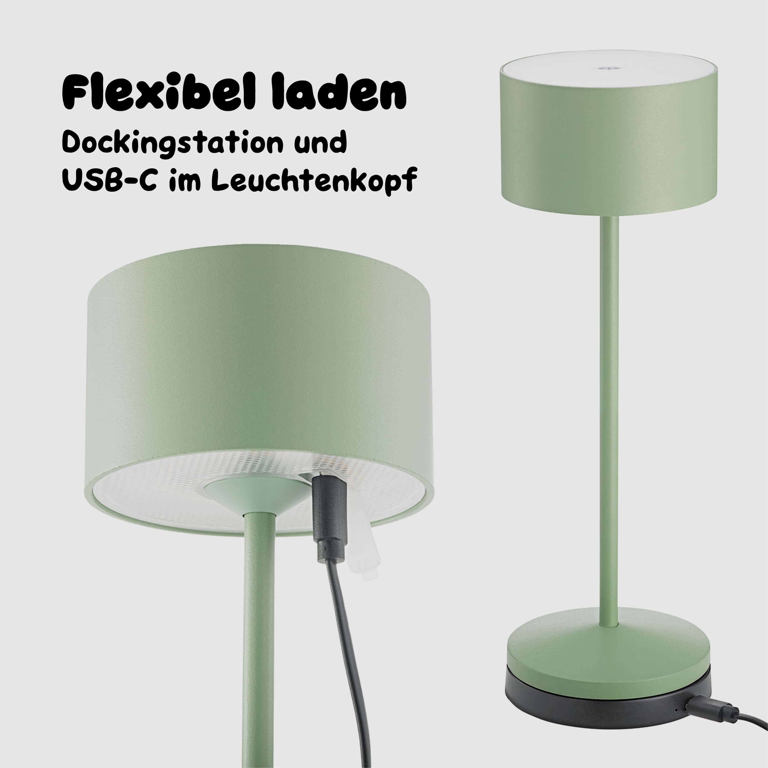 Die salbeigrüne Sigor Veluna kann per Dockingstation oder USB-C geladen werden #Farbe_Salbeigrün