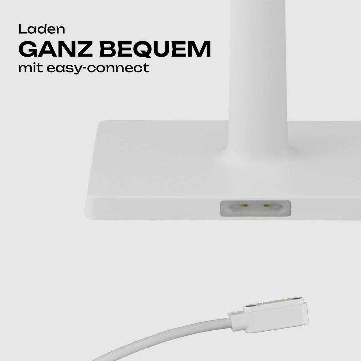 Fuß der weißen Sigor Nucharge Akku-Tischleuchte mit magnetischem Ladeanschluss und Easy-Connect-Ladekabel #Farbe_Schneeweiss