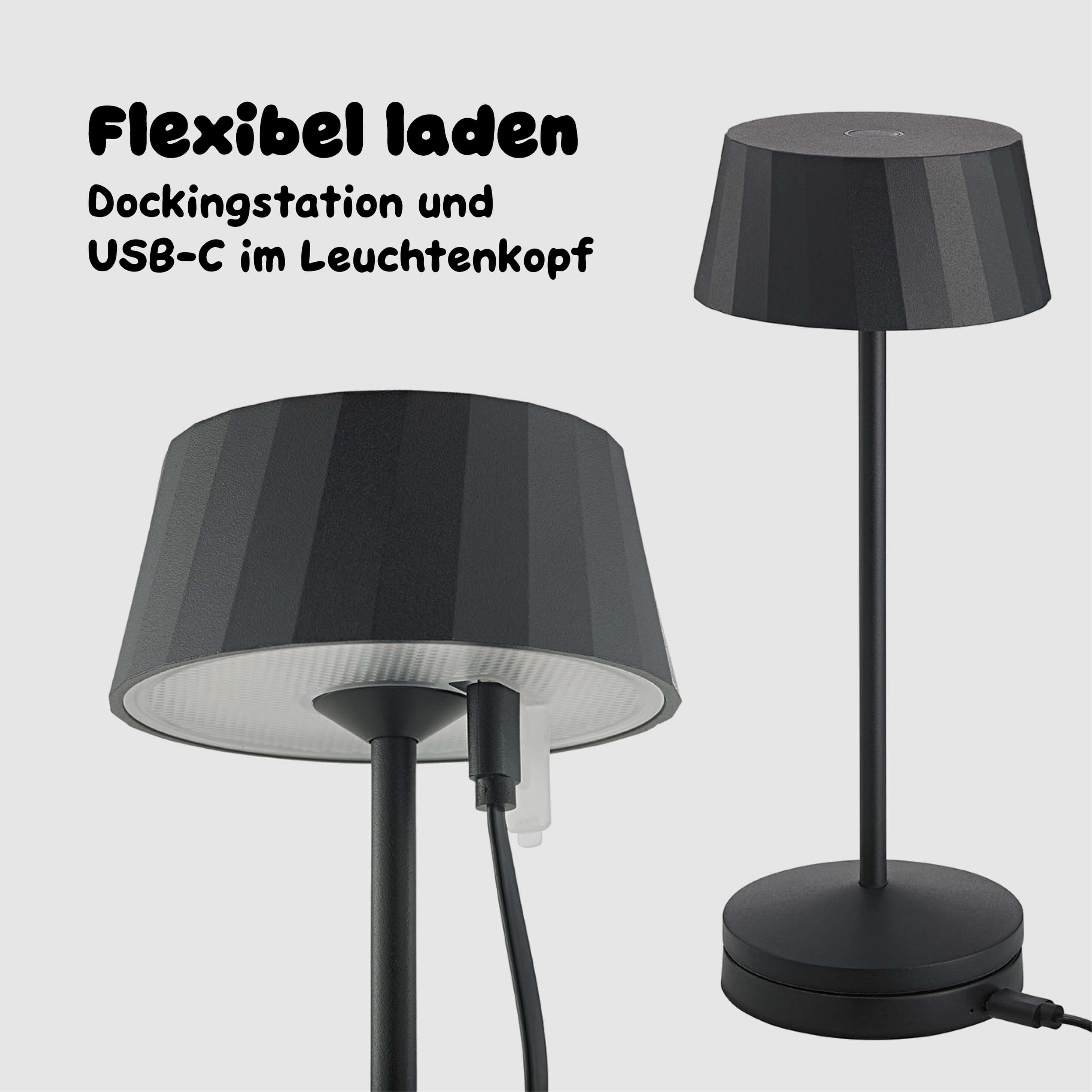 Die nachtschwarze Sigor Facetta kann per Dockingstation oder USB-C geladen werden #Farbe_Nachtschwarz