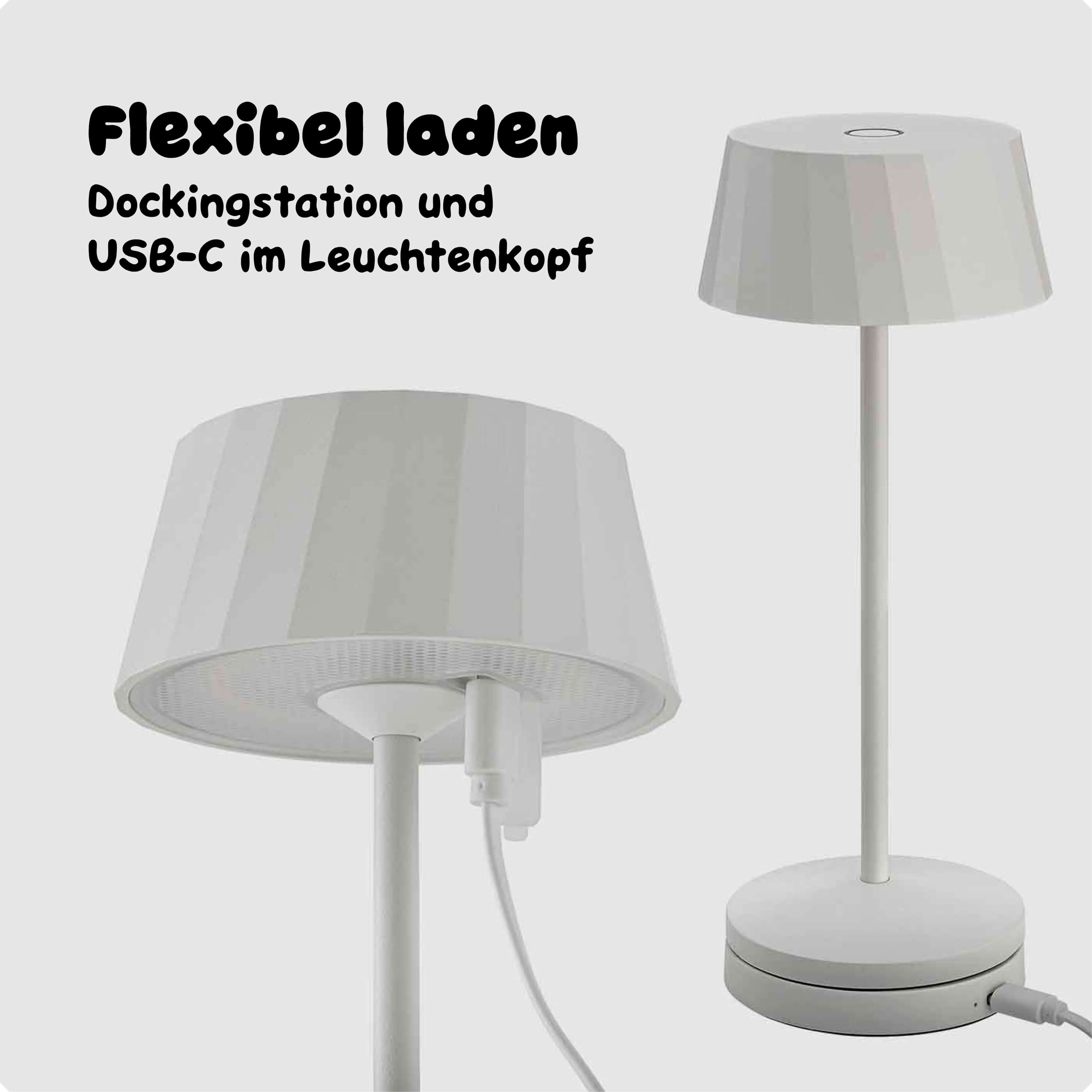 Die schneeweisse Sigor Facetta kann per Dockingstation oder USB-C geladen werden #Farbe_Schneeweiss