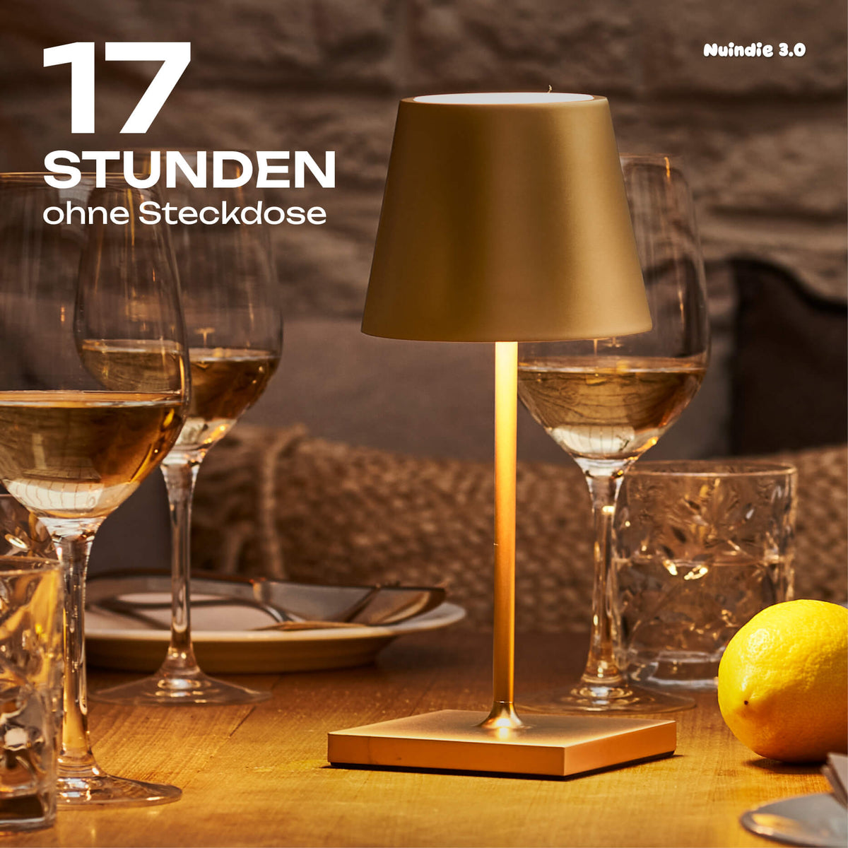 17 Stunden Akku-Laufzeit: Sigor Nuindie 3.0 Mini Akku-Tischleuchte in #Farbe_Goldfarben