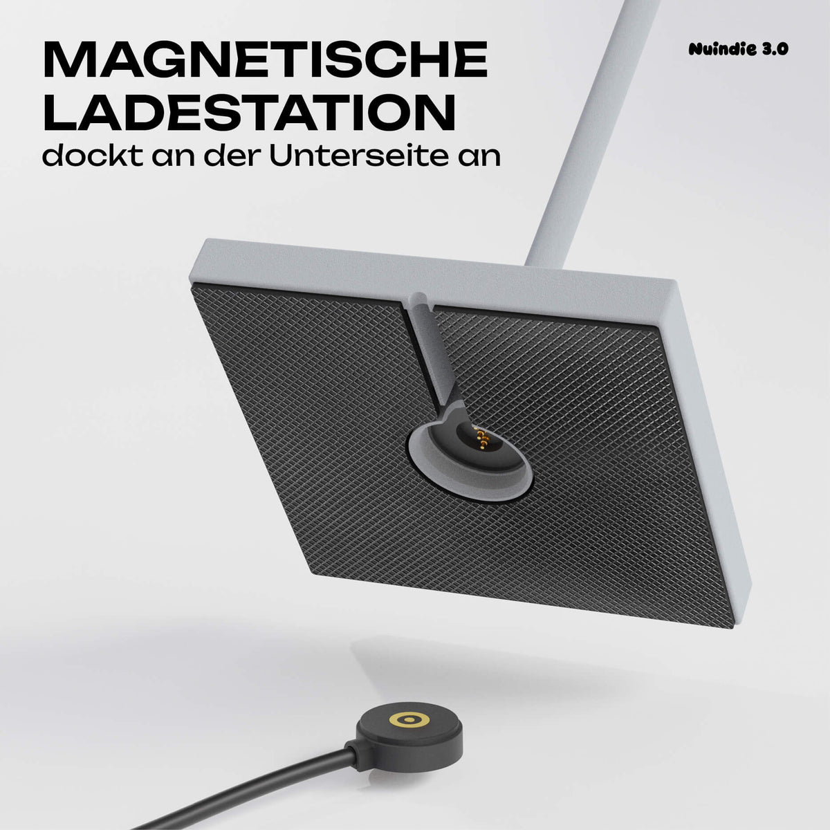 Einfach zu laden: Sigor Nuindie 3.0 Akku-Tischleuchte mit dem magnetischen Ladestecker in #Farbe_Nebelgrau