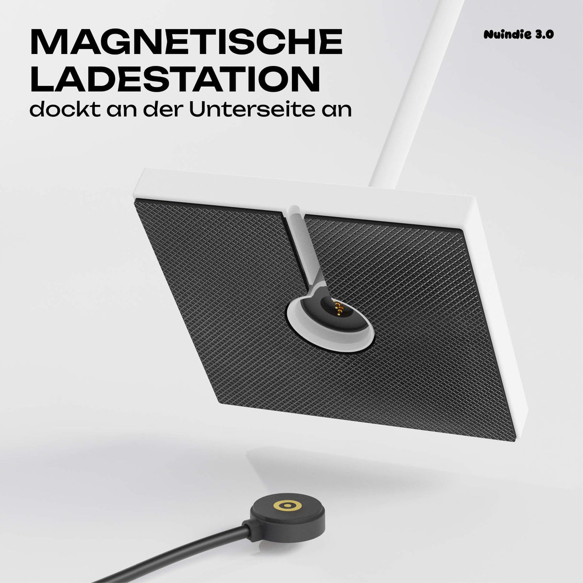 Einfach zu laden: Sigor Nuindie 3.0 Akku-Tischleuchte mit dem magnetischen Ladestecker in #Farbe_Schneeweiss