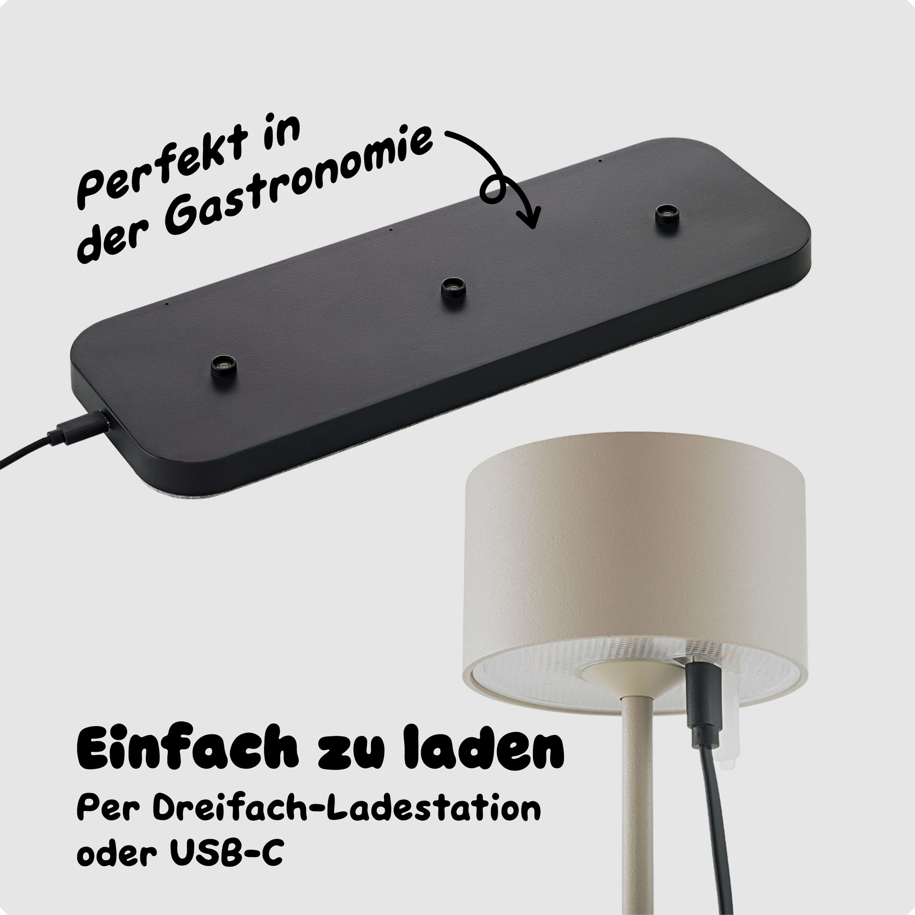 Sigor Veluna Dreifach-Ladestation lädt drei Leuchten gleichzeitig automatisch auf während einzelne Veluna Leuchte alternativ per USB-C Kabel am Leuchtenkopf aufgeladen werden kann für maximale Flexibilität im Gastronomiebetrieb #Farbe_Dünenbeige