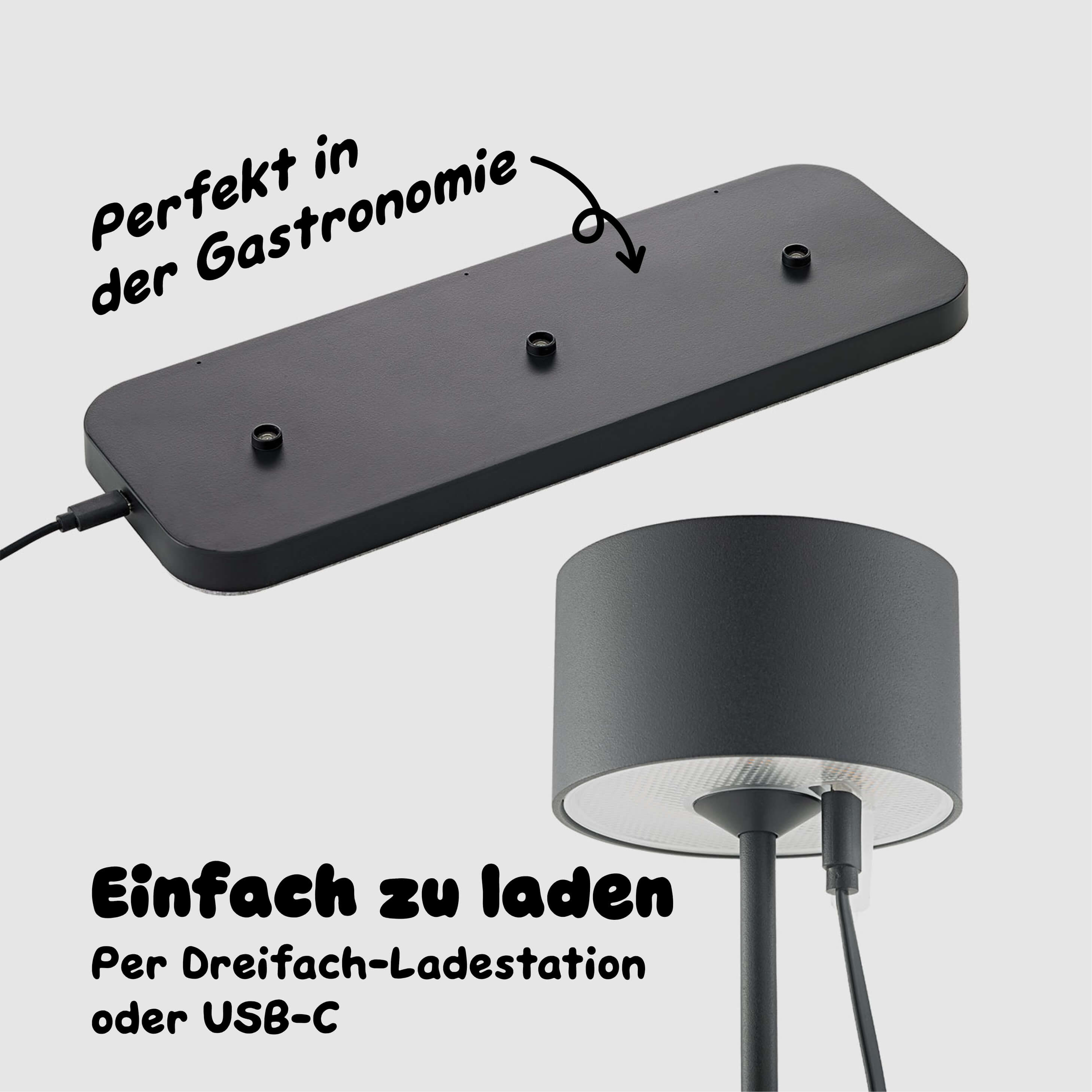 Sigor Veluna Dreifach-Ladestation lädt drei Leuchten gleichzeitig automatisch auf während einzelne Veluna Leuchte alternativ per USB-C Kabel am Leuchtenkopf aufgeladen werden kann für maximale Flexibilität im Gastronomiebetrieb #Farbe_Nachtschwarz