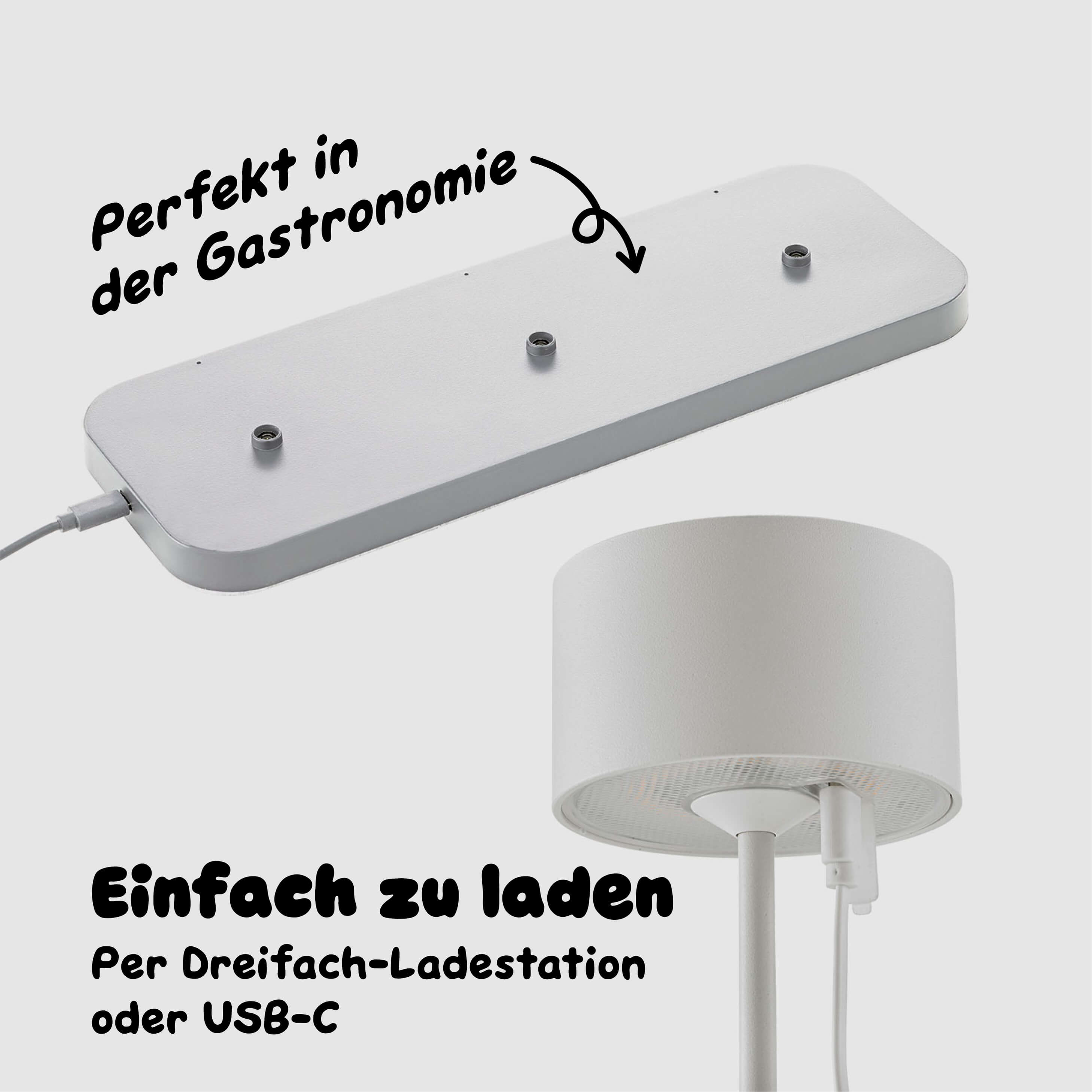 Sigor Veluna Dreifach-Ladestation lädt drei Leuchten gleichzeitig automatisch auf während einzelne Veluna Leuchte alternativ per USB-C Kabel am Leuchtenkopf aufgeladen werden kann für maximale Flexibilität im Gastronomiebetrieb #Farbe_Schneeweiss