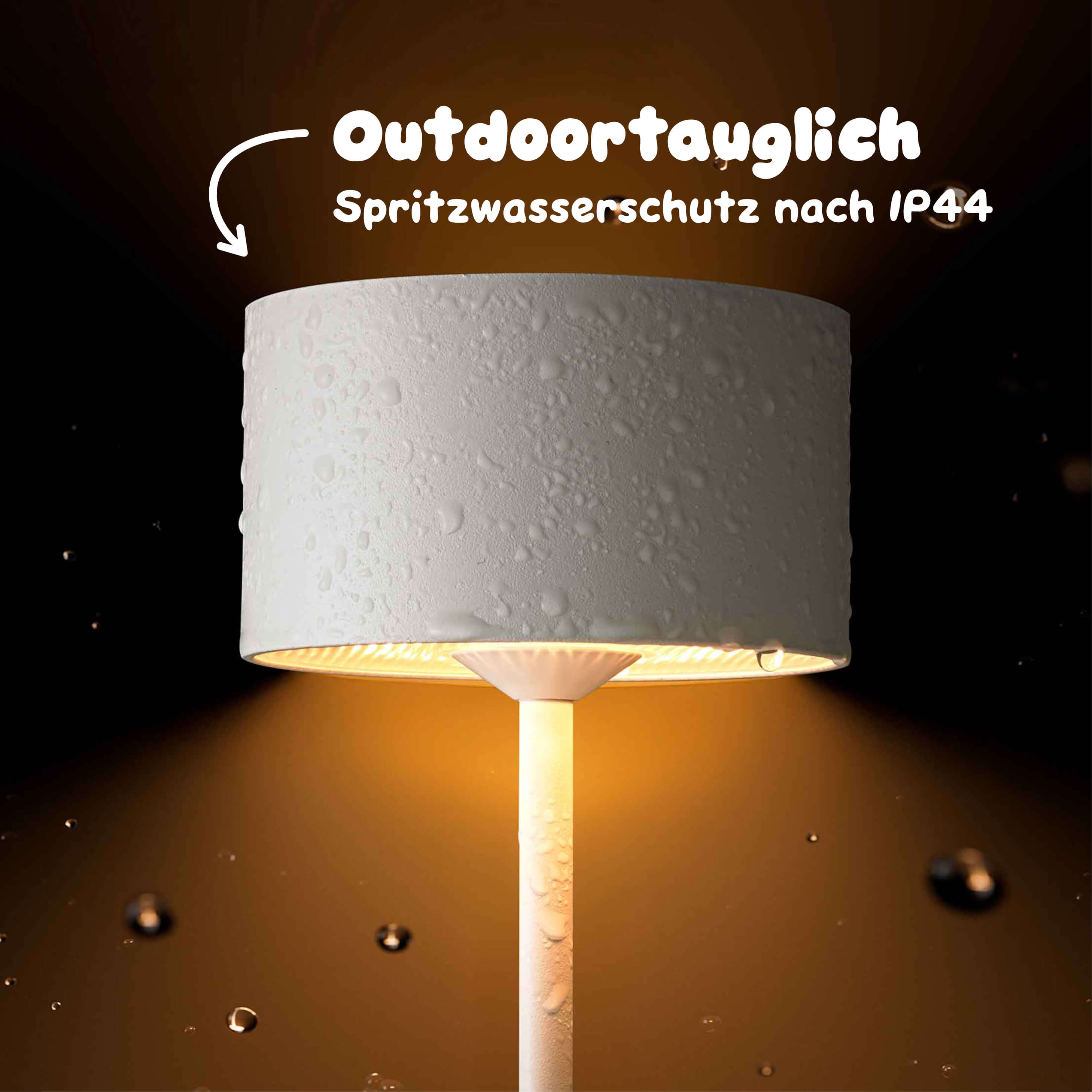 Sigor Veluna Akku-Leuchte mit IP44 Zertifizierung ist spritzwassergeschützt und damit voll outdoortauglich