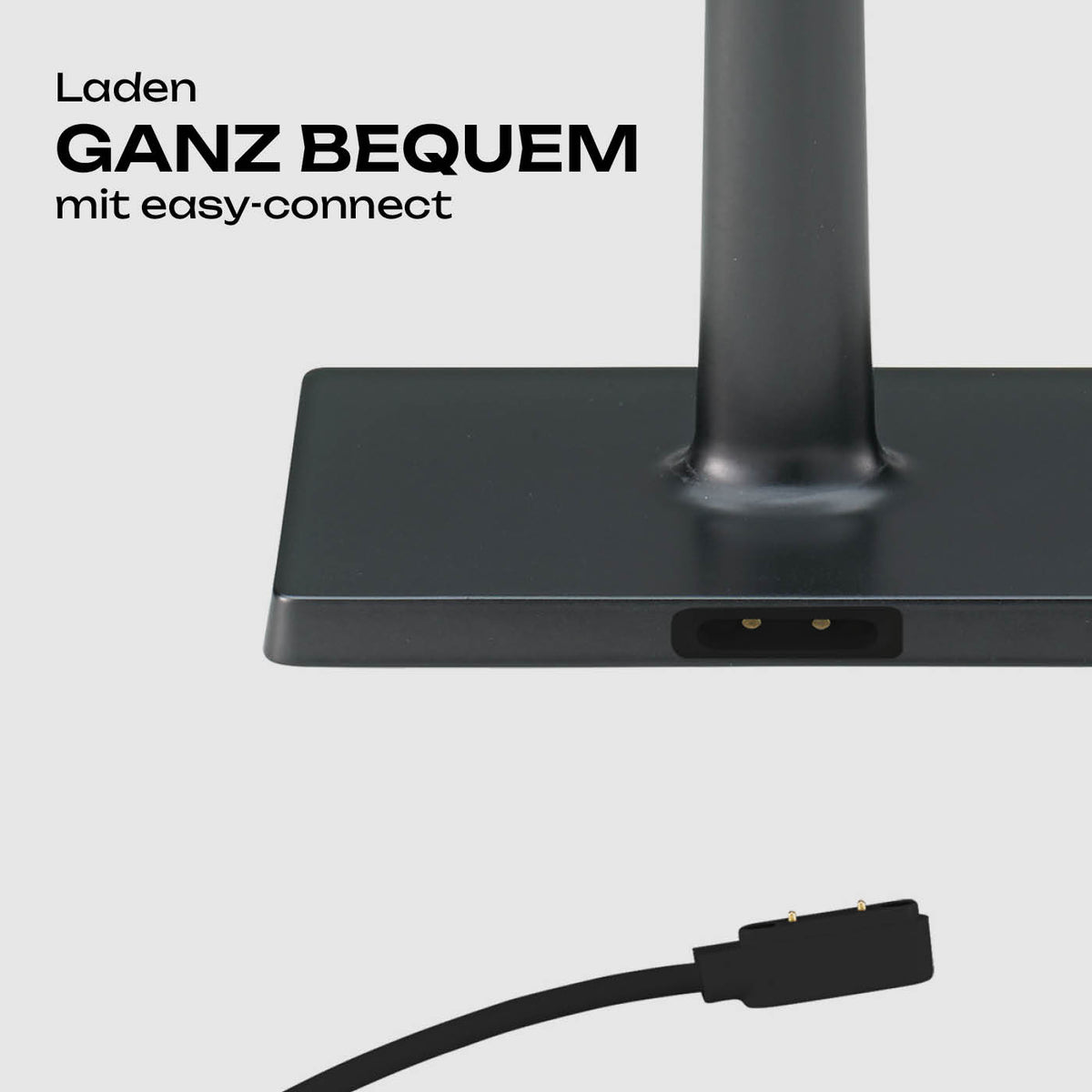 Fuß der schwarzen Sigor Nucharge Akku-Tischleuchte mit magnetischem Ladeanschluss und Easy-Connect-Ladekabel #Farbe_Nachtschwarz